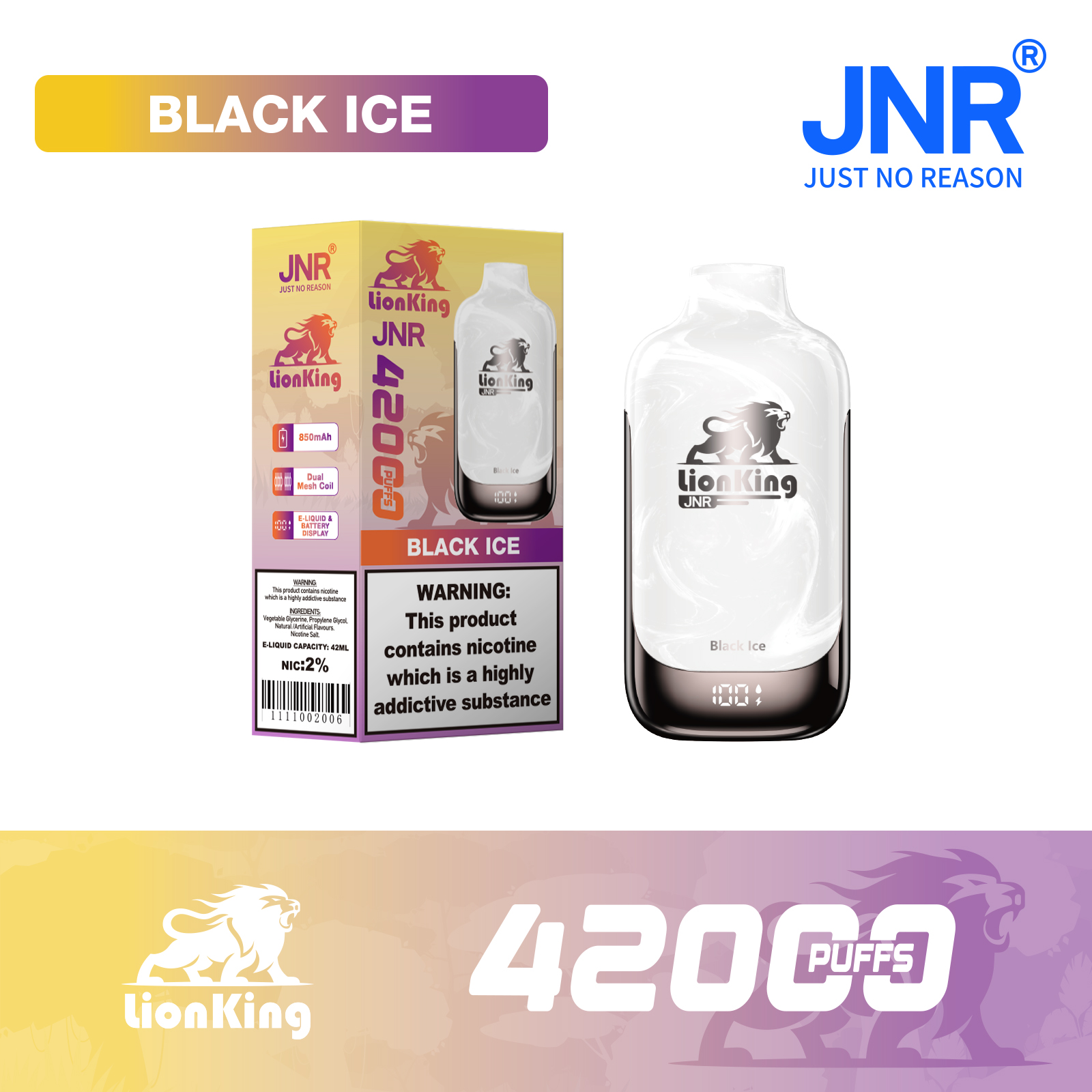 JNR Lion King 42000 Puffs 42ml E-Liquid Dual Mesh Coil Smart Display Disposable Vape - Vapo247