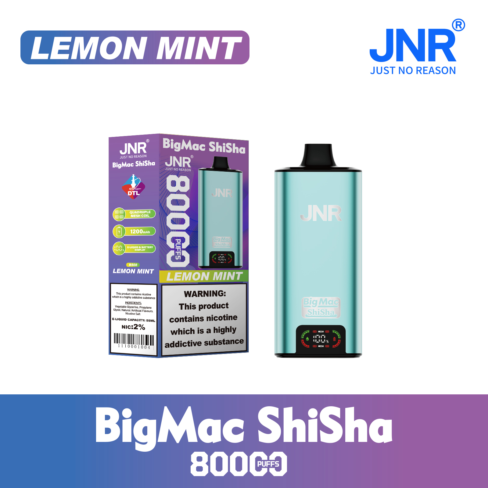 JNR Big Mac Shisha 80000 Puffs 55ml E-Liquid Quad Mesh Coil with DTL Vaping Smart Screen Adjustable Airflow Disposable Vape - Vapo247