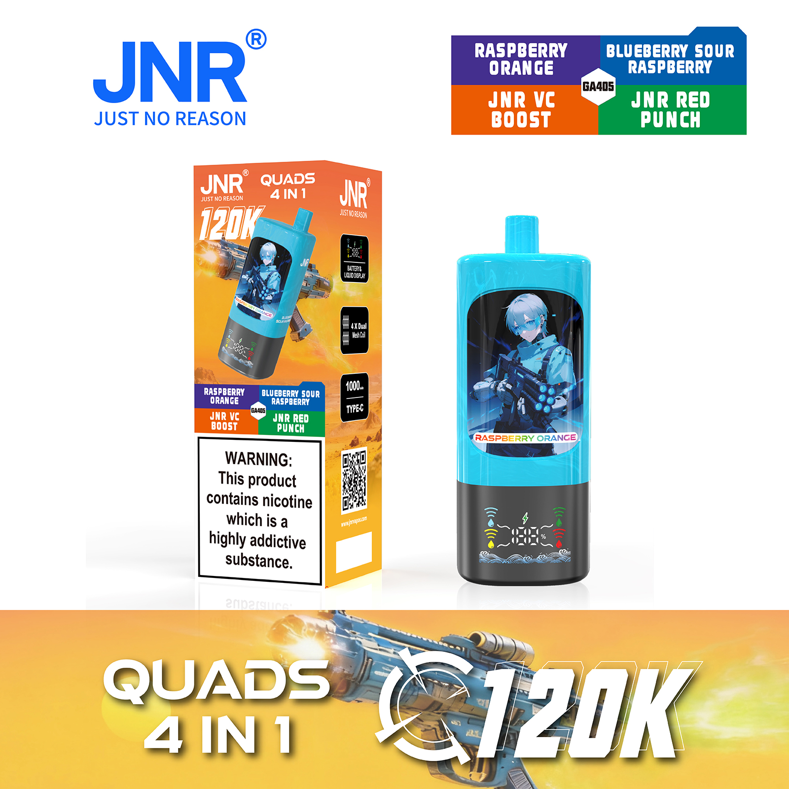 JNR QUADS 4-in-1 120K Puffs Quad Maesh Coil Smart Screen Display 1000mAh Battery Type-C rechargeable Disposable Vape - Vapo247