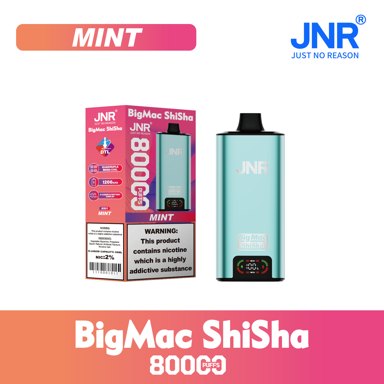JNR Big Mac Shisha 80000 Puffs 55ml E-Liquid Quad Mesh Coil with DTL Vaping Smart Screen Adjustable Airflow Disposable Vape - Vapo247