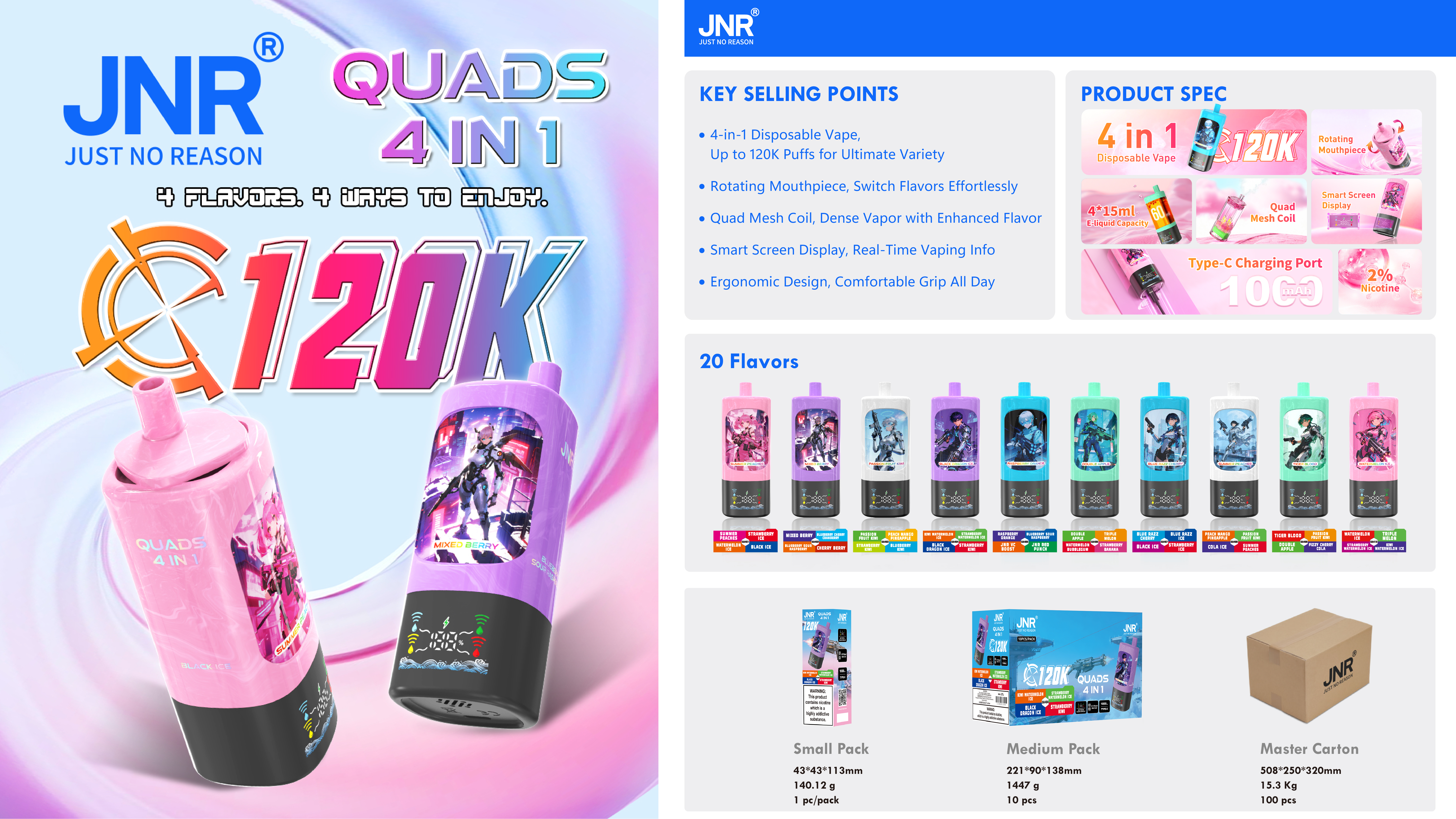 JNR QUADS 4-in-1 120K Puffs Quad Maesh Coil Smart Screen Display 1000mAh Battery Type-C rechargeable Disposable Vape - Vapo247