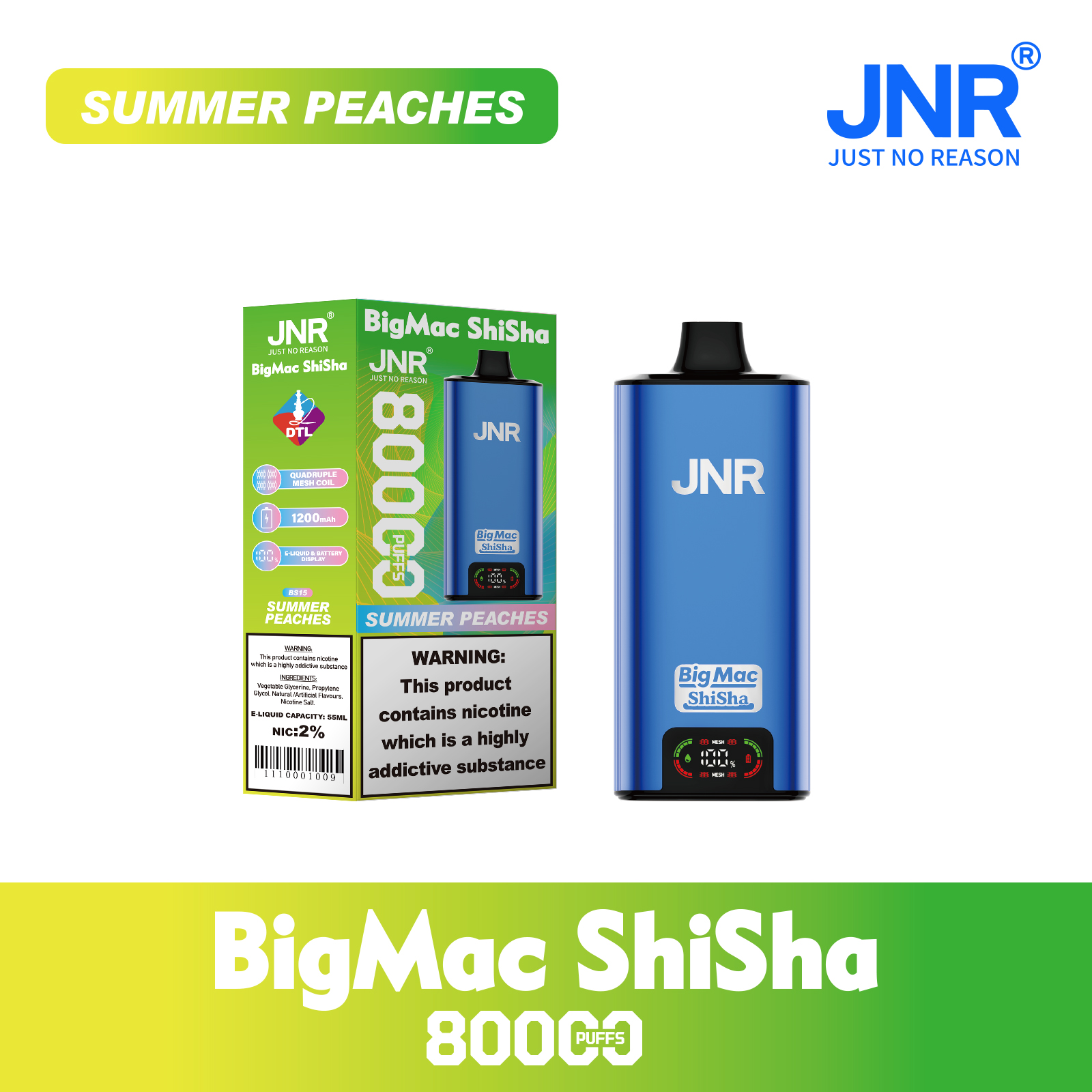 JNR Big Mac Shisha 80000 Puffs 55ml E-Liquid Quad Mesh Coil with DTL Vaping Smart Screen Adjustable Airflow Disposable Vape - Vapo247