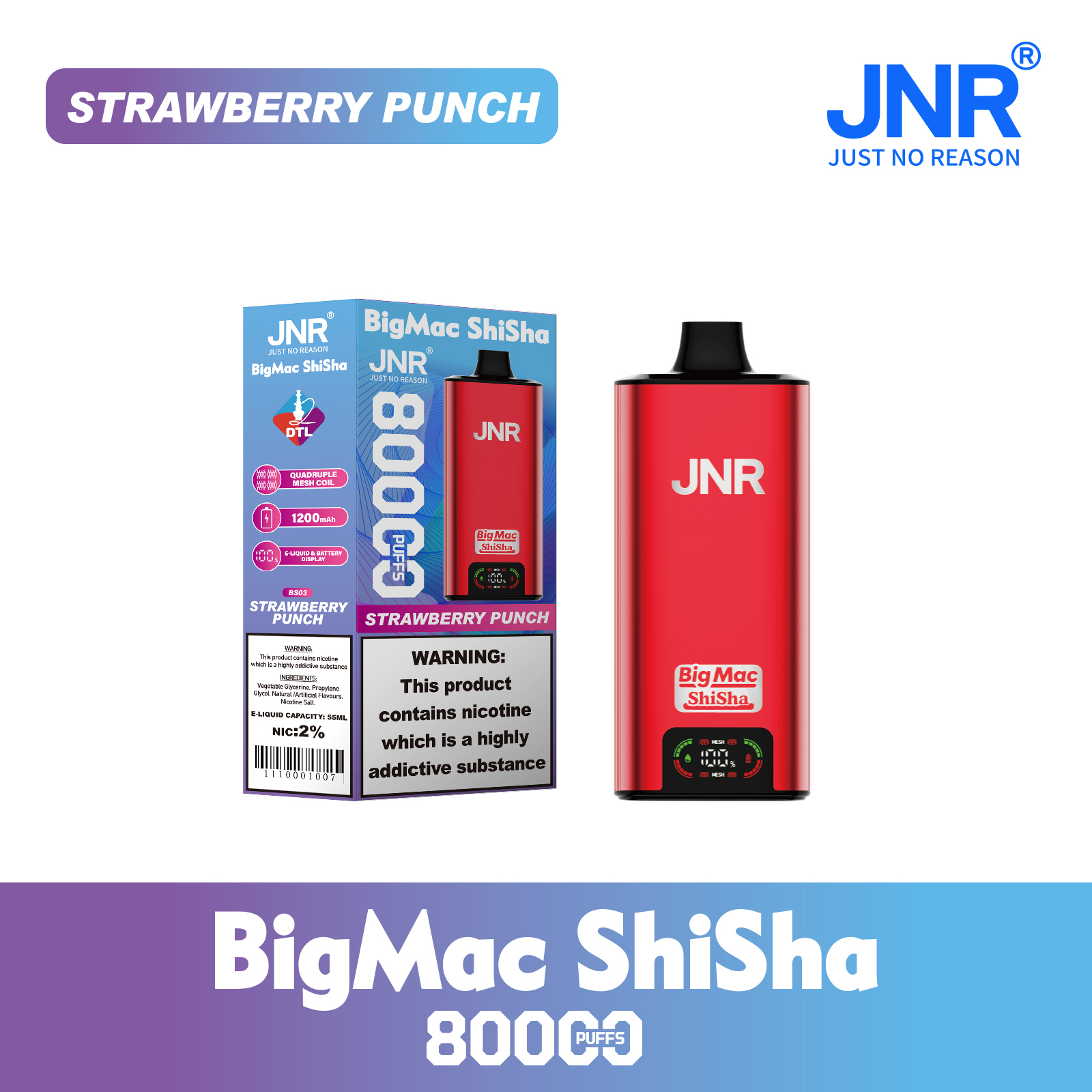 JNR Big Mac Shisha 80000 Puffs 55ml E-Liquid Quad Mesh Coil with DTL Vaping Smart Screen Adjustable Airflow Disposable Vape - Vapo247
