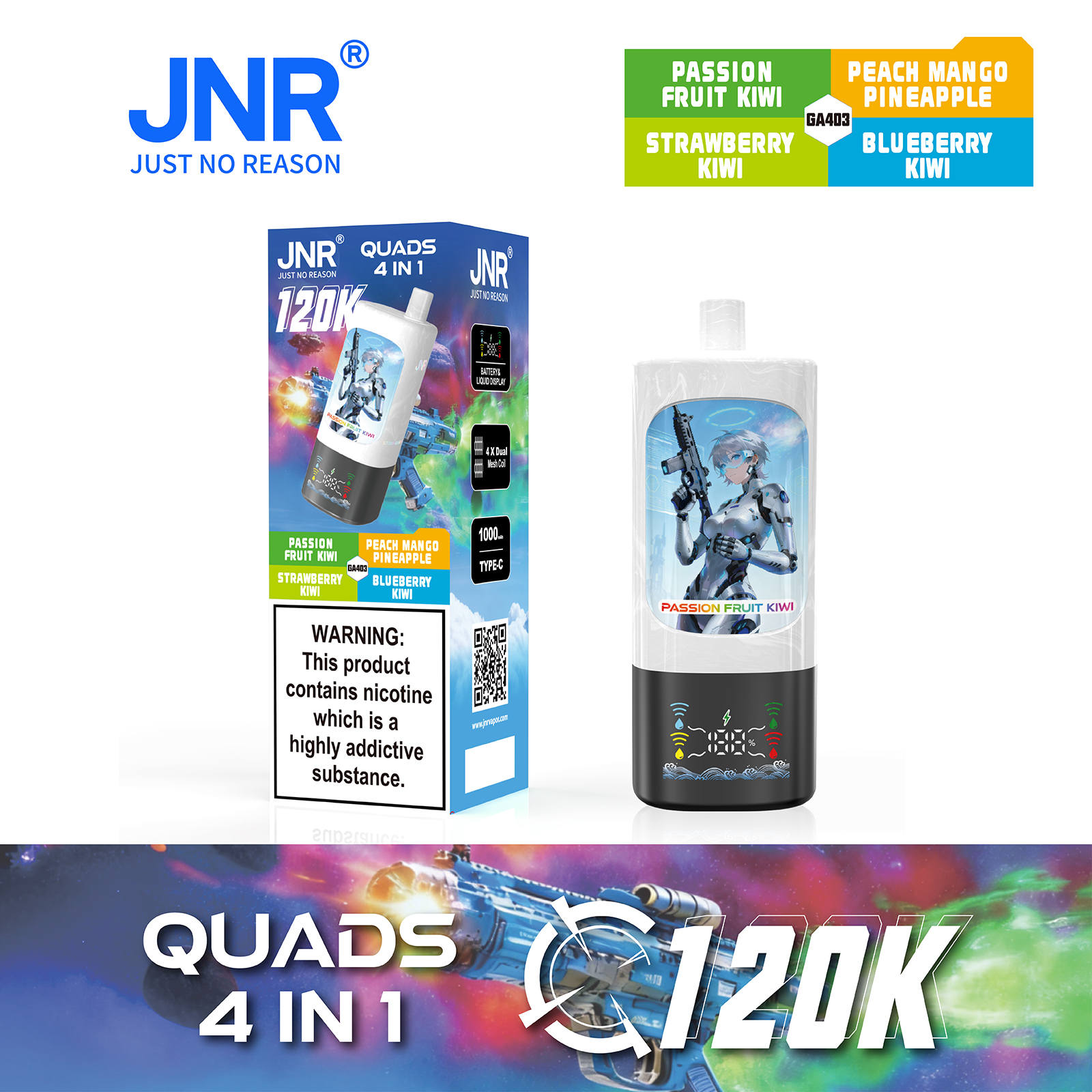 JNR QUADS 4-in-1 120K Puffs Quad Maesh Coil Smart Screen Display 1000mAh Battery Type-C rechargeable Disposable Vape - Vapo247