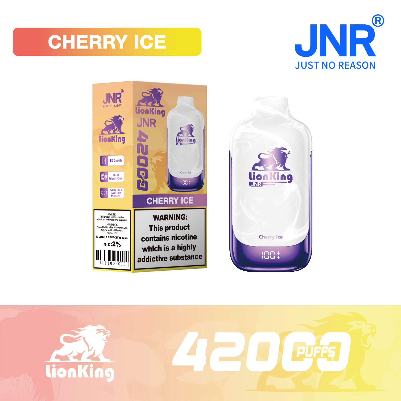 JNR Lion King 42000 Puffs 42ml E-Liquid Dual Mesh Coil Smart Display Disposable Vape - Vapo247