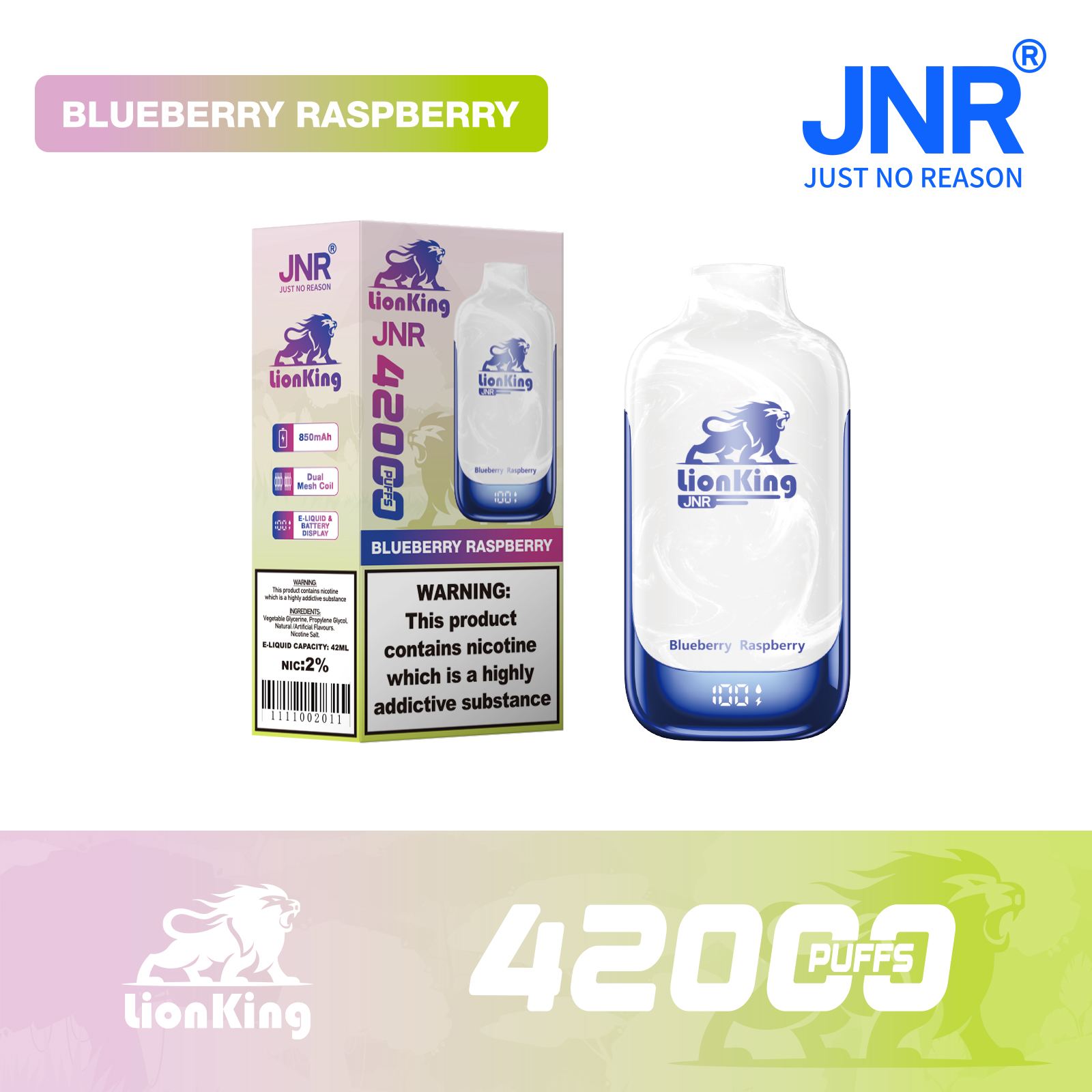 JNR Lion King 42000 Puffs 42ml E-Liquid Dual Mesh Coil Smart Display Disposable Vape - Vapo247