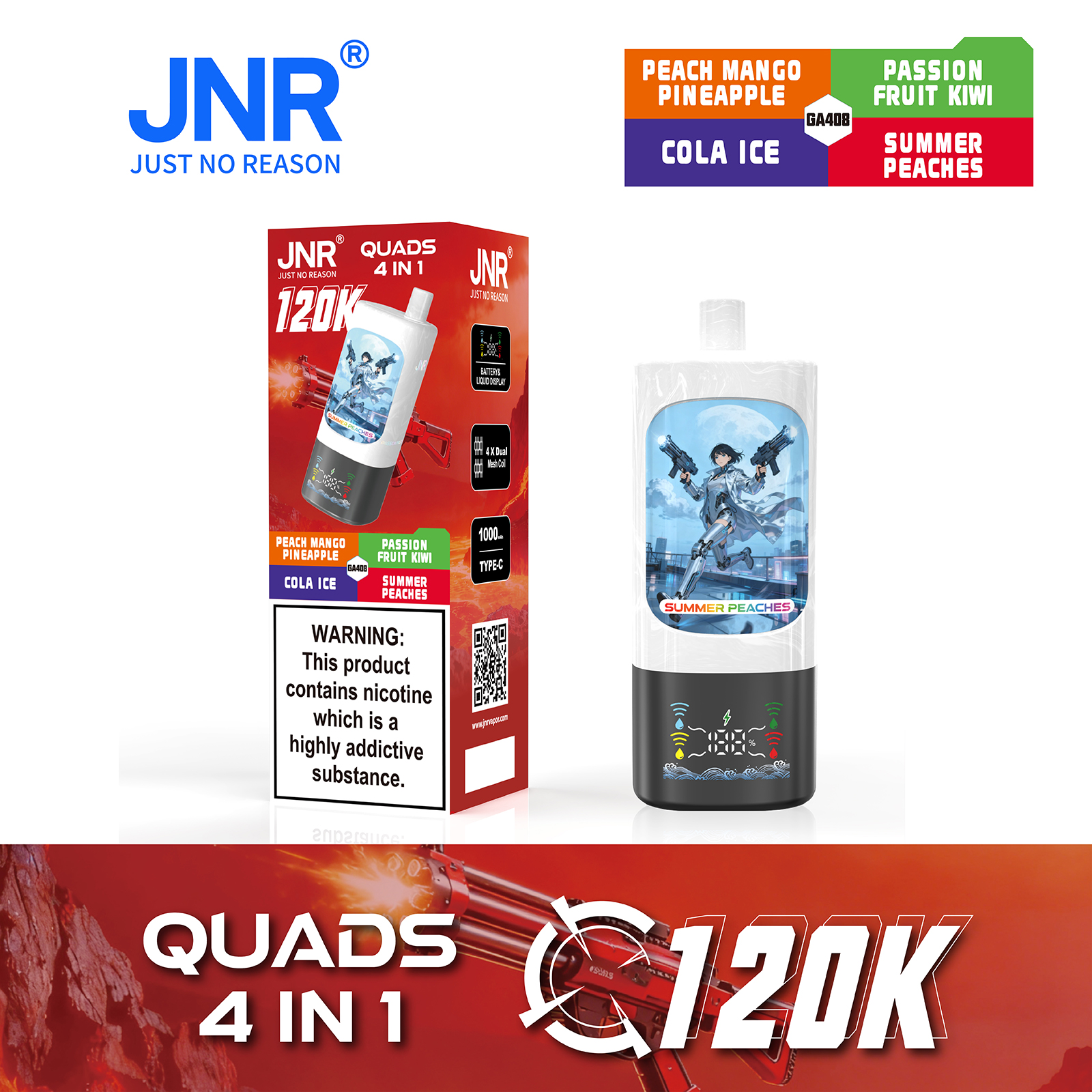JNR QUADS 4-in-1 120K Puffs Quad Maesh Coil Smart Screen Display 1000mAh Battery Type-C rechargeable Disposable Vape - Vapo247