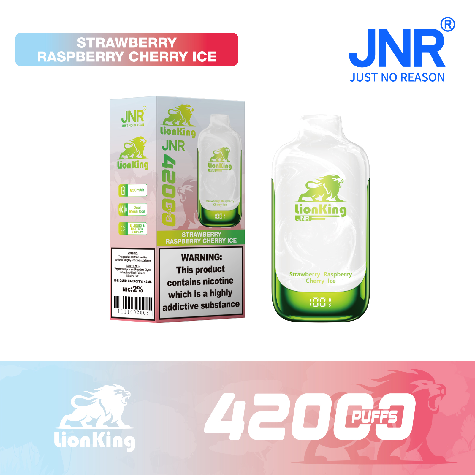 JNR Lion King 42000 Puffs 42ml E-Liquid Dual Mesh Coil Smart Display Disposable Vape - Vapo247