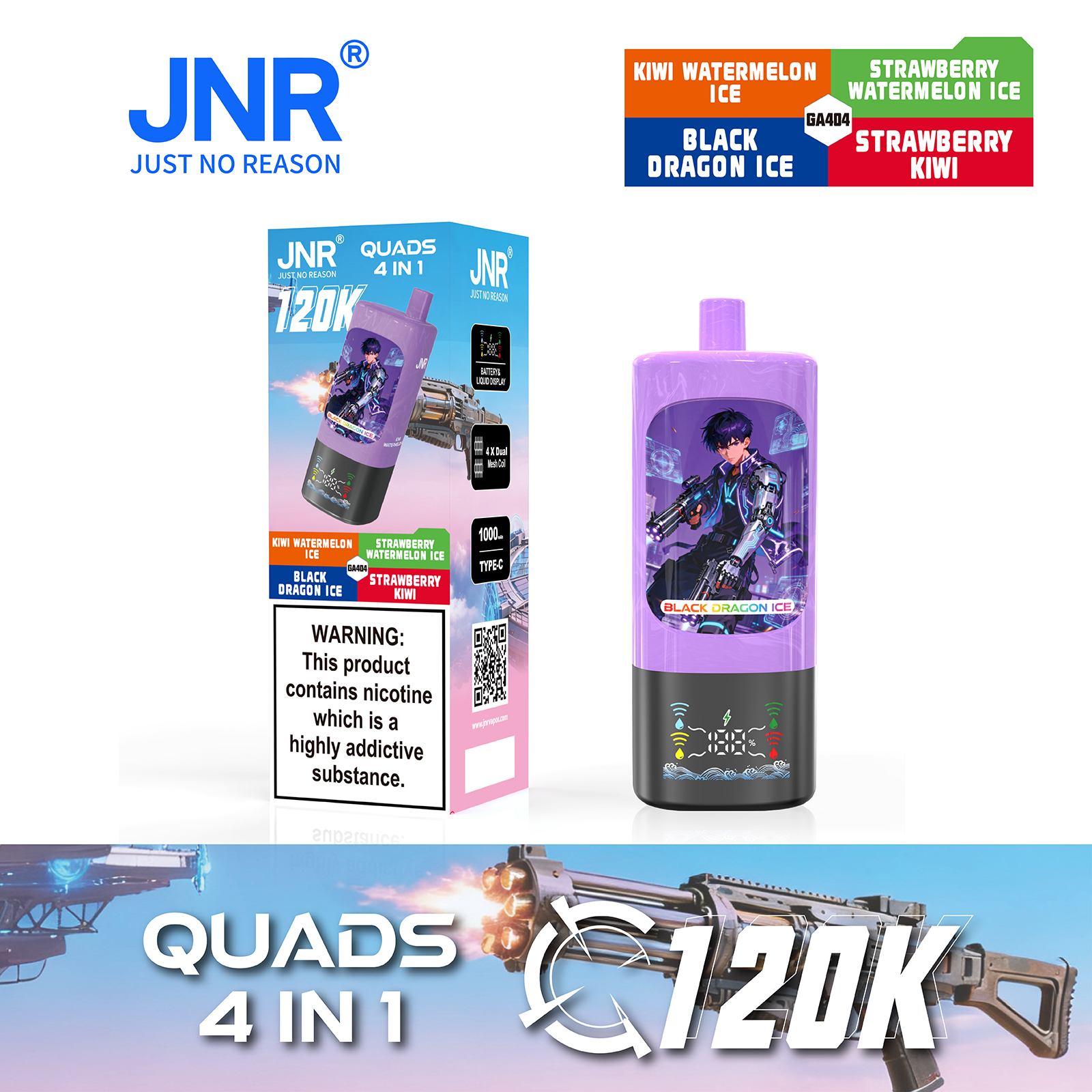 JNR QUADS 4-in-1 120K Puffs Quad Maesh Coil Smart Screen Display 1000mAh Battery Type-C rechargeable Disposable Vape - Vapo247