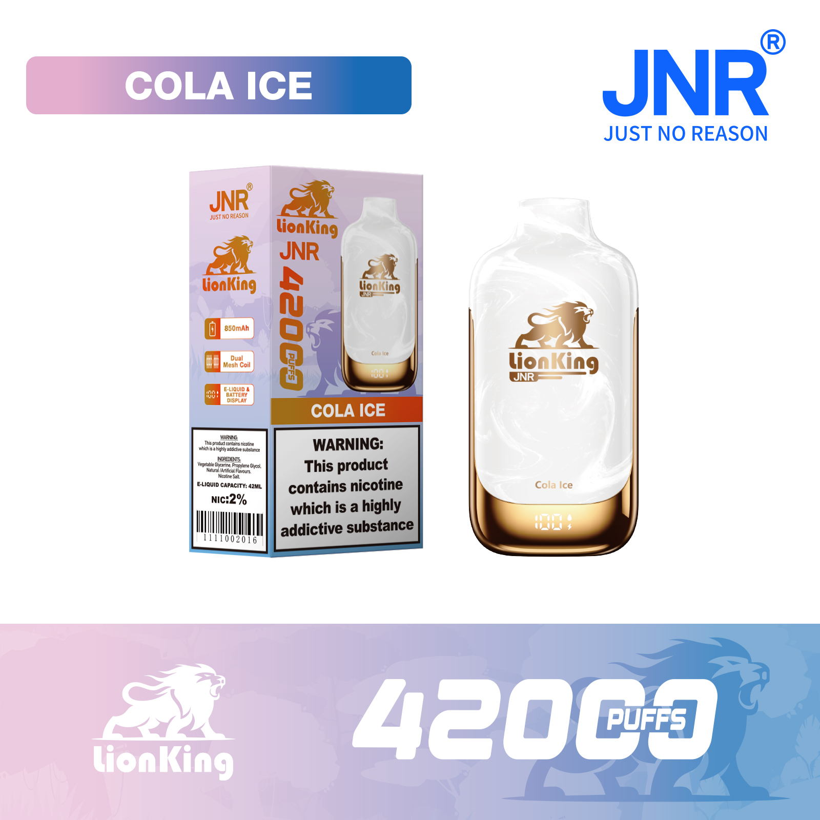 JNR Lion King 42000 Puffs 42ml E-Liquid Dual Mesh Coil Smart Display Disposable Vape - Vapo247
