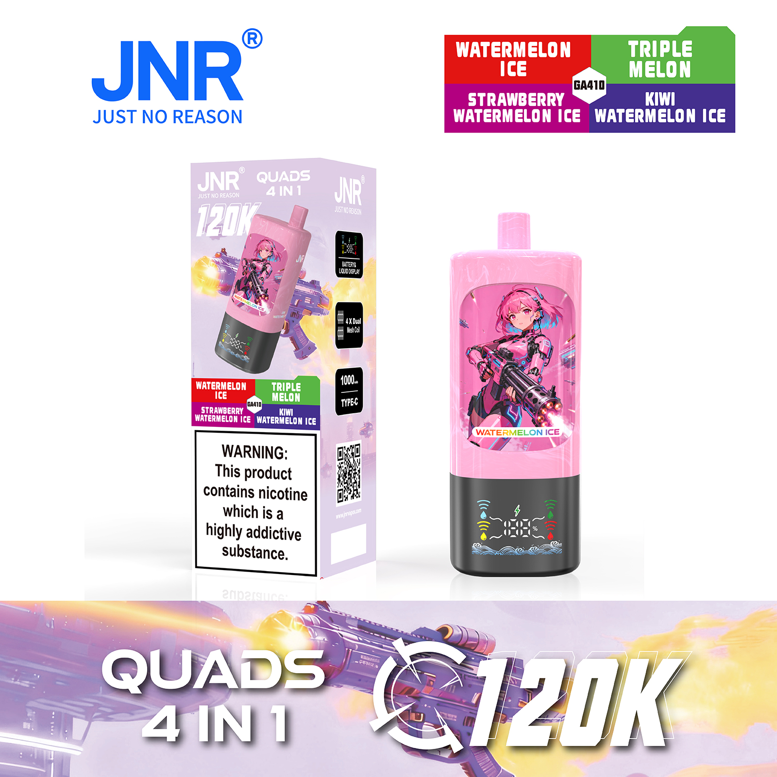 JNR QUADS 4-in-1 120K Puffs Quad Maesh Coil Smart Screen Display 1000mAh Battery Type-C rechargeable Disposable Vape - Vapo247