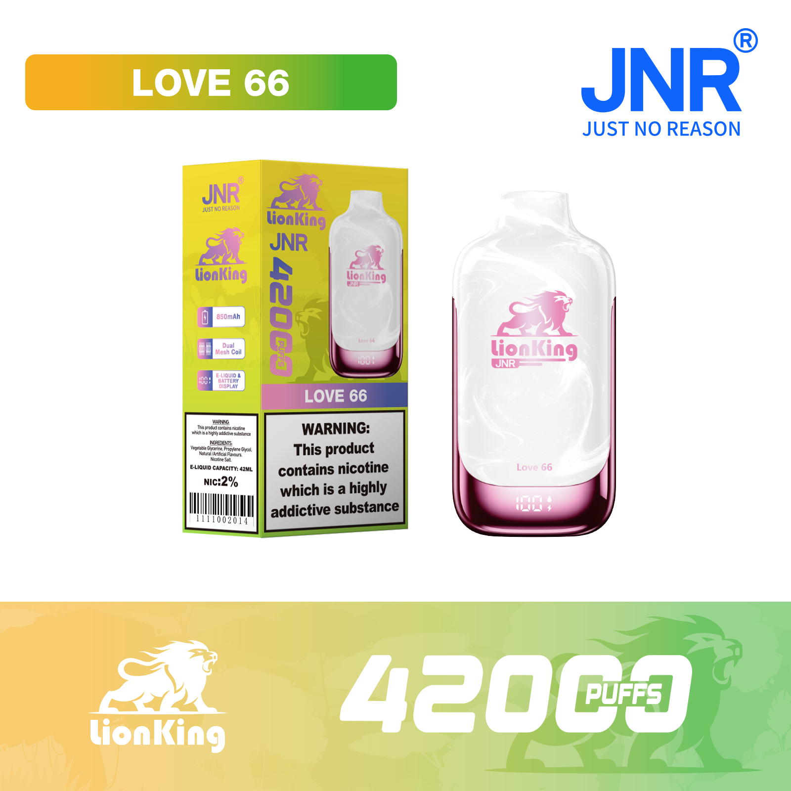 JNR Lion King 42000 Puffs 42ml E-Liquid Dual Mesh Coil Smart Display Disposable Vape - Vapo247