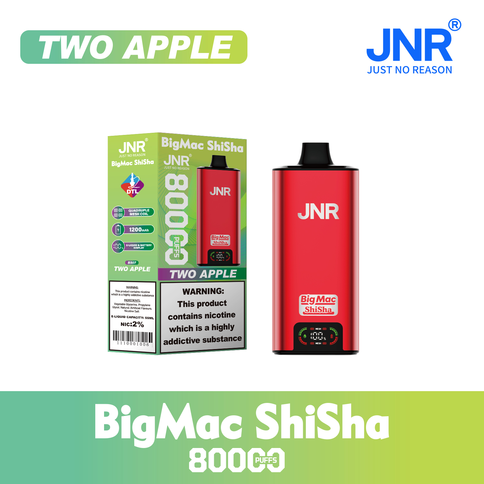 JNR Big Mac Shisha 80000 Puffs 55ml E-Liquid Quad Mesh Coil with DTL Vaping Smart Screen Adjustable Airflow Disposable Vape - Vapo247