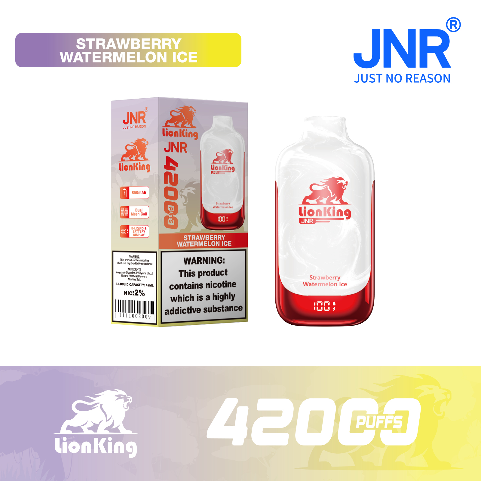 JNR Lion King 42000 Puffs 42ml E-Liquid Dual Mesh Coil Smart Display Disposable Vape - Vapo247