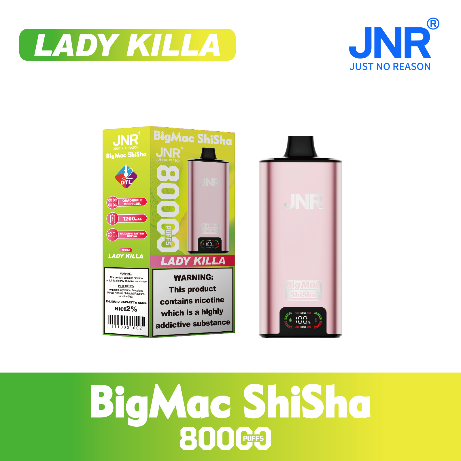 JNR Big Mac Shisha 80000 Puffs 55ml E-Liquid Quad Mesh Coil with DTL Vaping Smart Screen Adjustable Airflow Disposable Vape - Vapo247