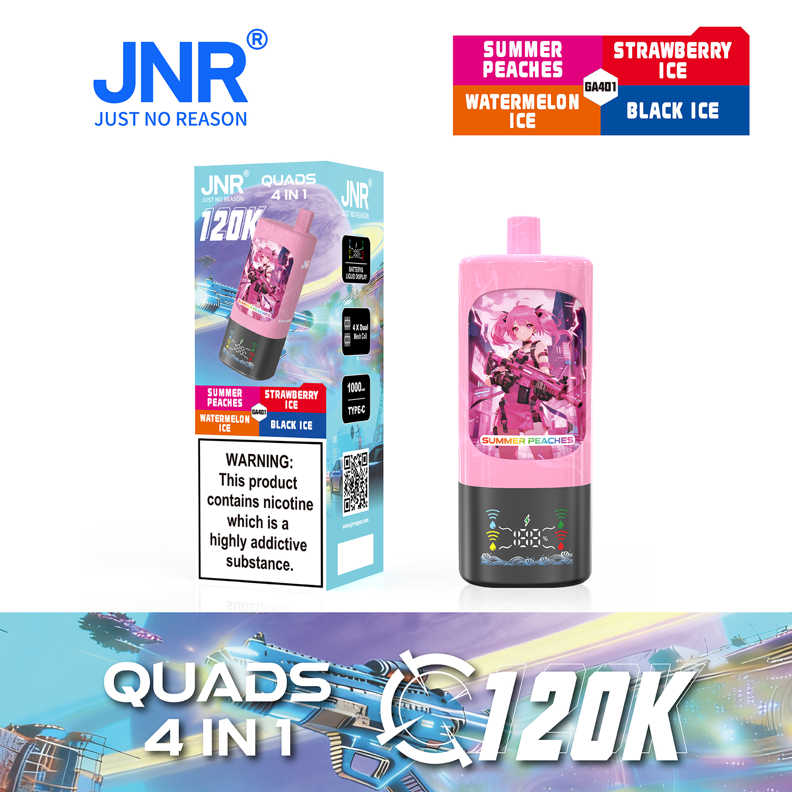 JNR QUADS 4-in-1 120K Puffs Quad Maesh Coil Smart Screen Display 1000mAh Battery Type-C rechargeable Disposable Vape - Vapo247