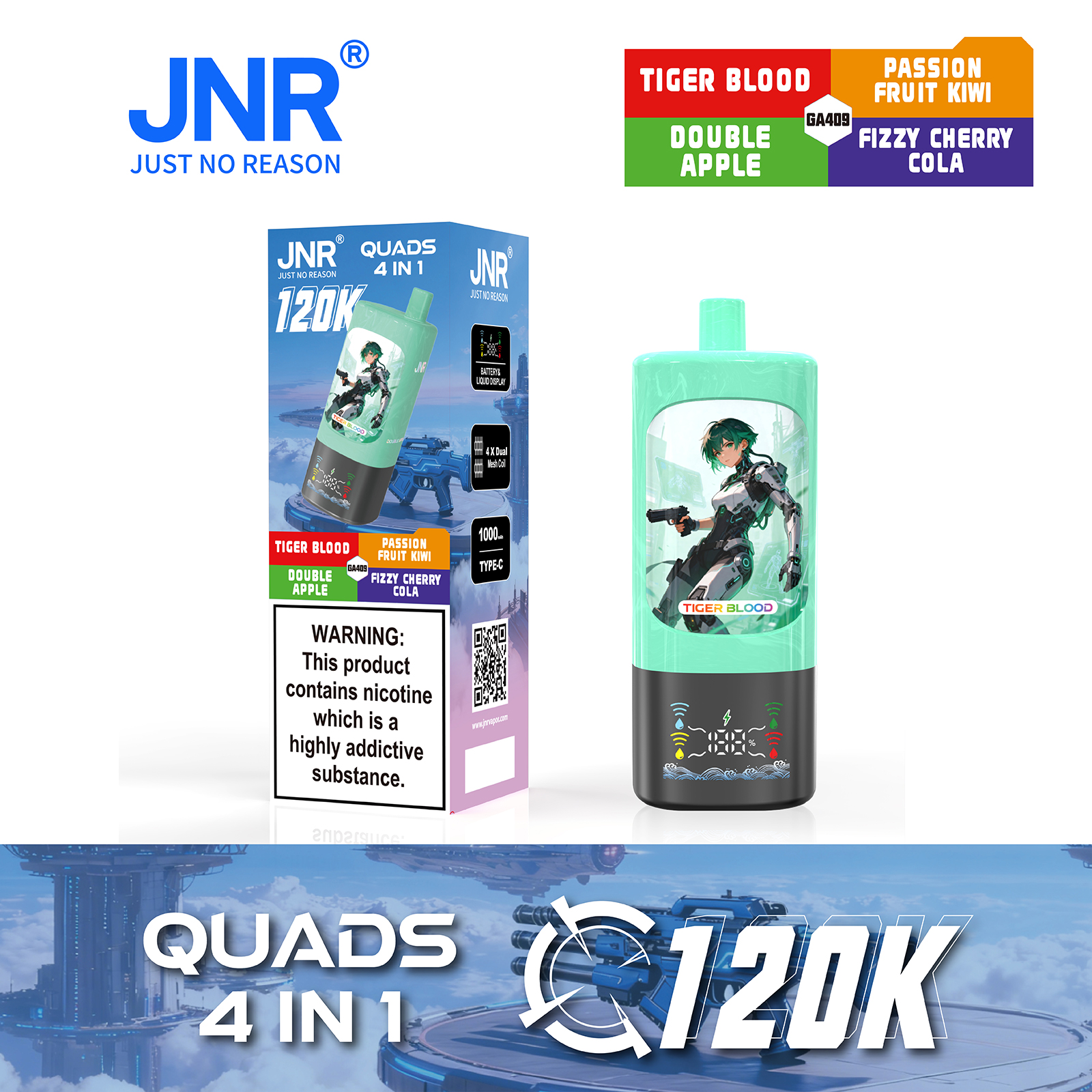 JNR QUADS 4-in-1 120K Puffs Quad Maesh Coil Smart Screen Display 1000mAh Battery Type-C rechargeable Disposable Vape - Vapo247