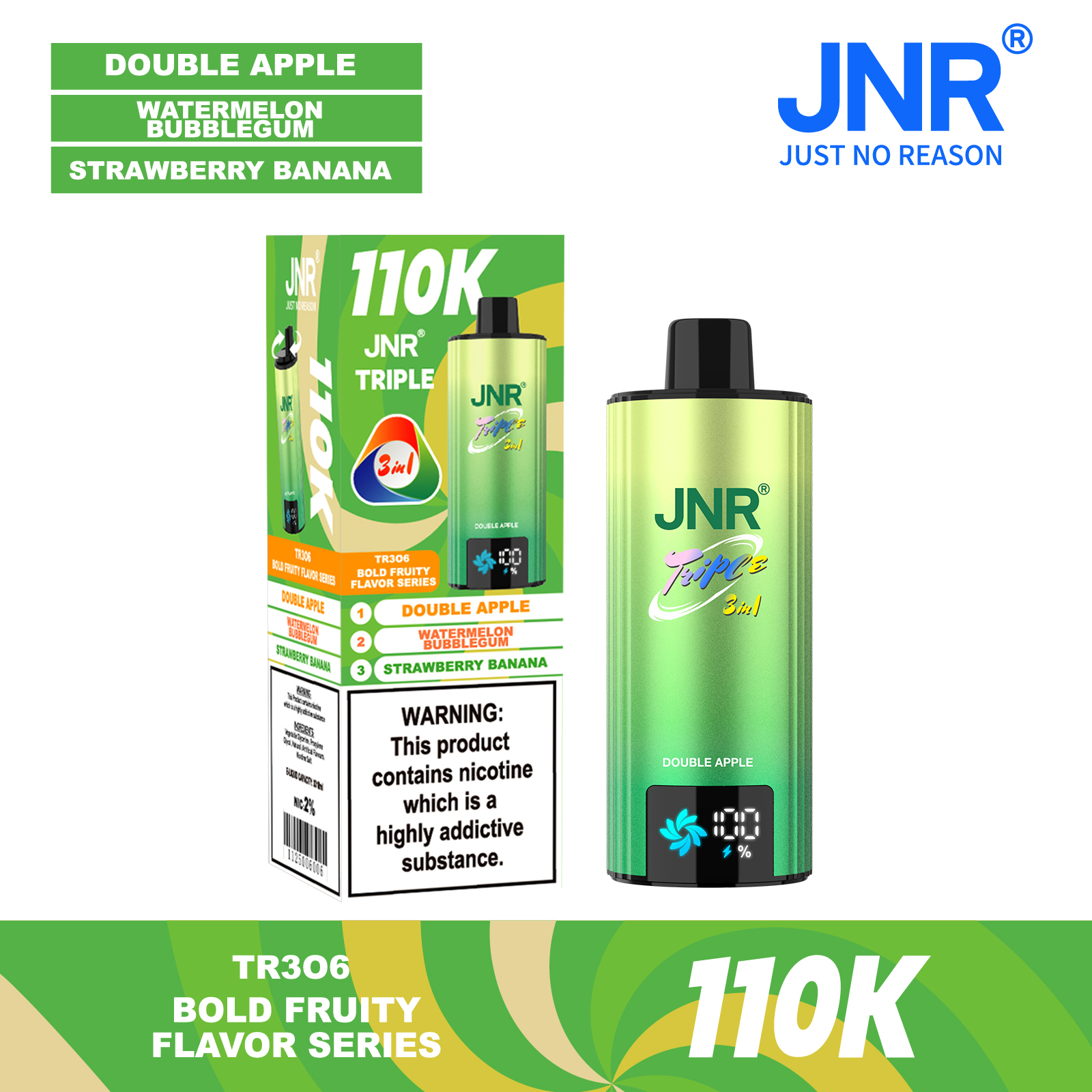 JNR Triple 3-in-1 110K Puffs Dual Mesh Coil Animated Smart Screen 1000mAh Battery With Type-C Fast Charging Disposable Vape - Vapo247