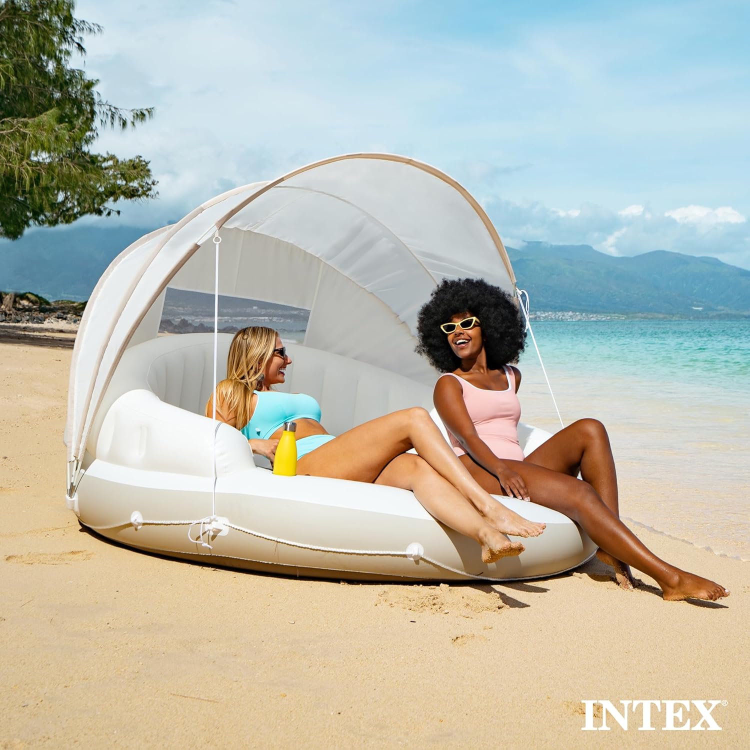 58292EP Canopy Island Inflatable Pool Float: Comfortable Lounge Surface – Built-in Cup Holders – Detachable Sunshade – 440lb Max Weight Capacity – 78.5