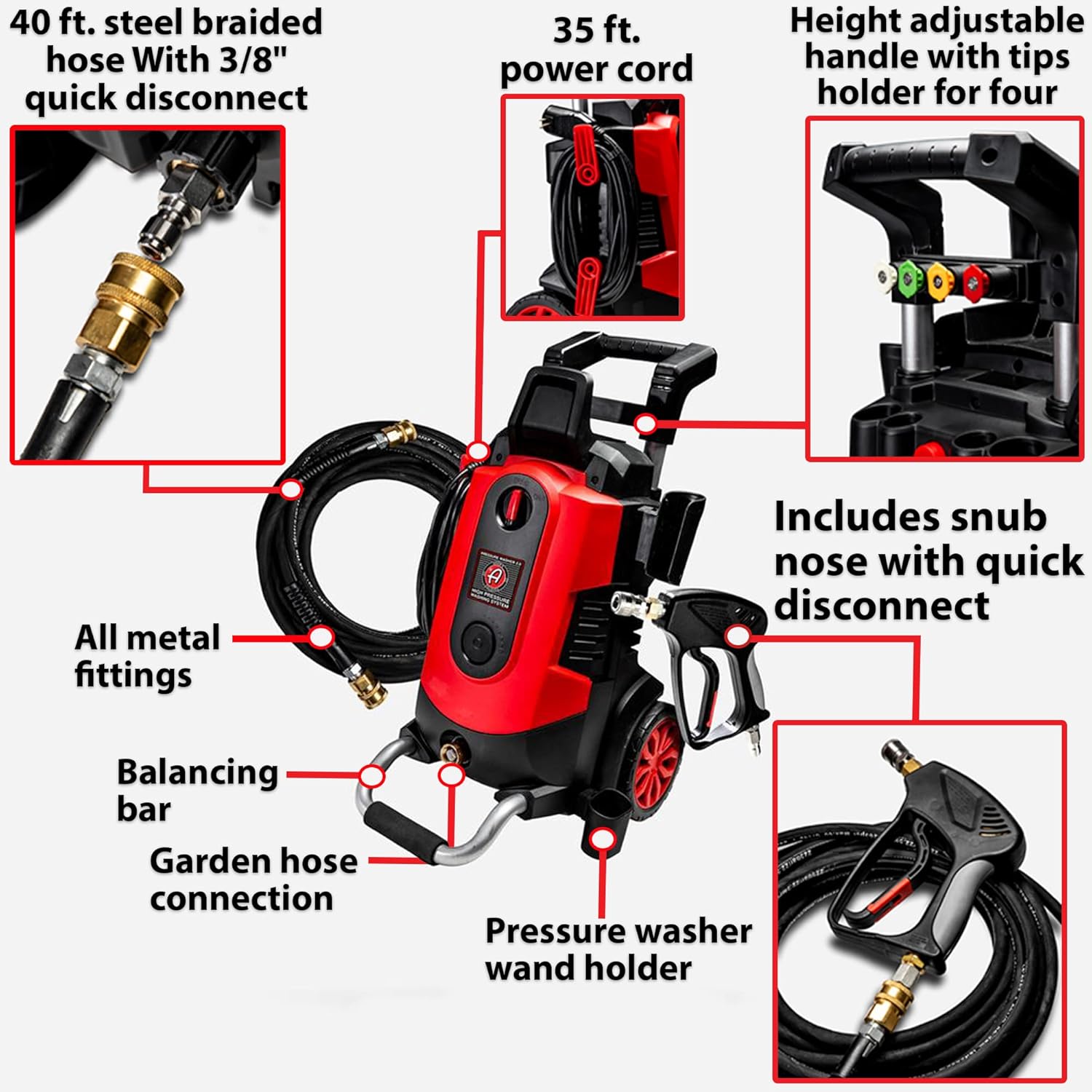 Electric Pressure Washer 2.0, Powerful 1.4 GPM 2000 PSI Car Pressure Washer Sprayer, Snub Nose & Tip Attachment, Use,Car Soap, Patio Boat RV Motorcycle Car Garage Deck Adam's Polishes