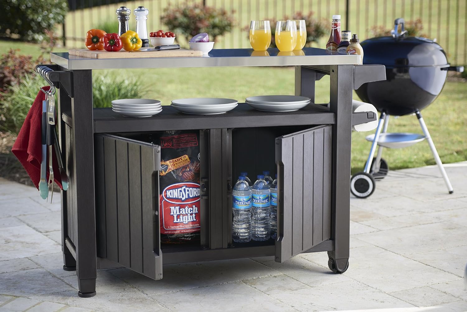 Keter Outdoor Rolling Table Cart for Food Prep, Storage, Bar & Grill, Dark Brown