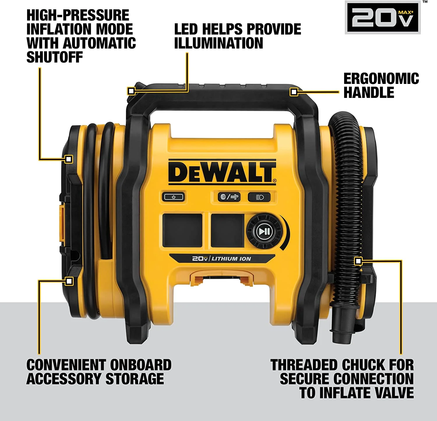 2025 ITEM# 0177   DEWALT 20V MAX Tire Inflator, Compact and Portable, Automatic Shut Off, LED Light, Bare Tool Only (DCC020IB) Battery & Charger Not Included (Watch Video)