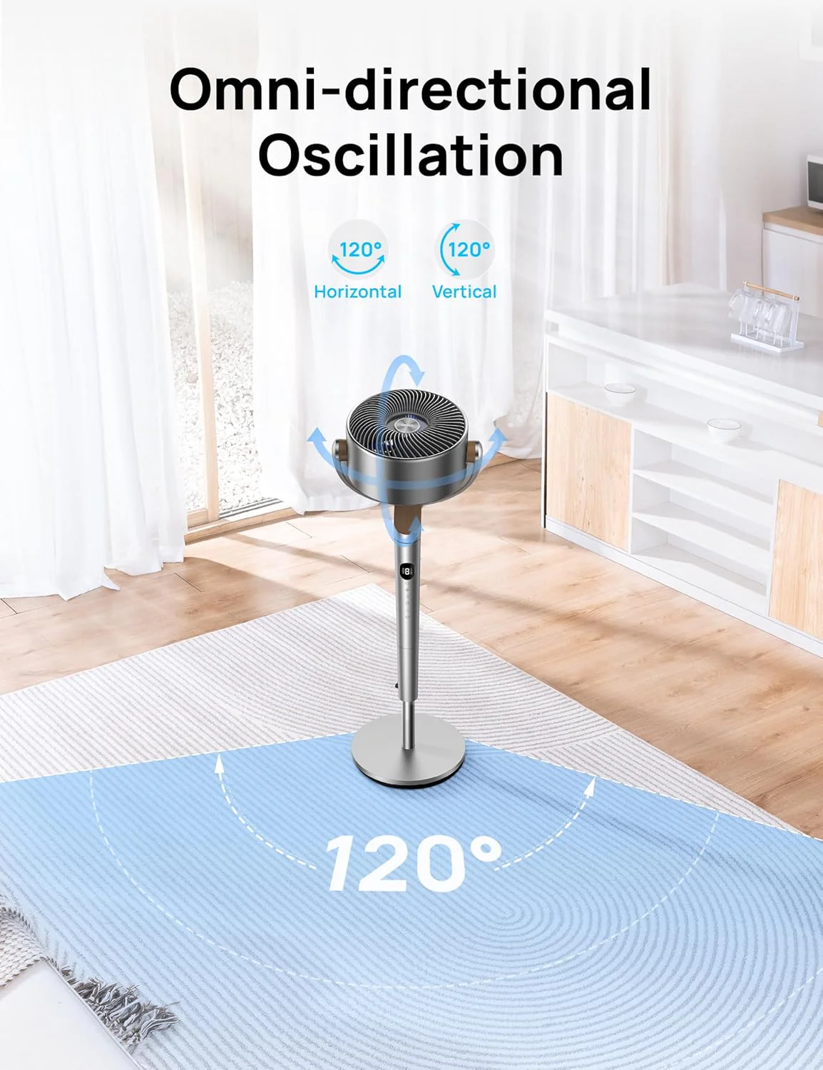 Dreo Ventilador de Pie 80° Ajustable, Oscilación 120°+120°, Control Remoto, Voz, WiFi, Alexa, 8 Velocidades, Plateado, Para Toda la Habitación