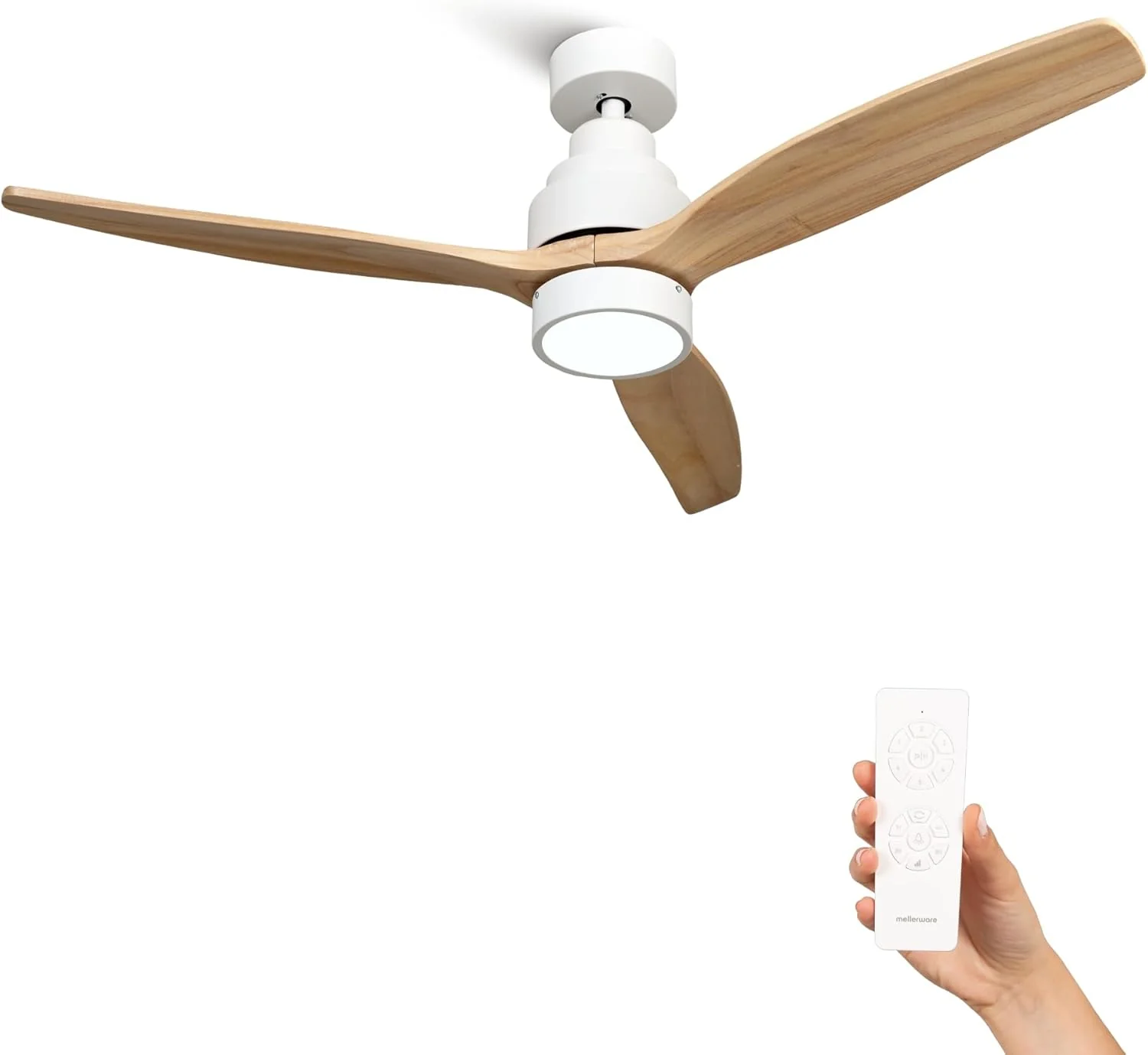 Mellerware Ventilador de Techo Brizy Bright, 30W, 6 Velocidades, Ultra Silencioso, 132cm, LED, Temporizador, Mando, Función Verano-Invierno, Lightwood