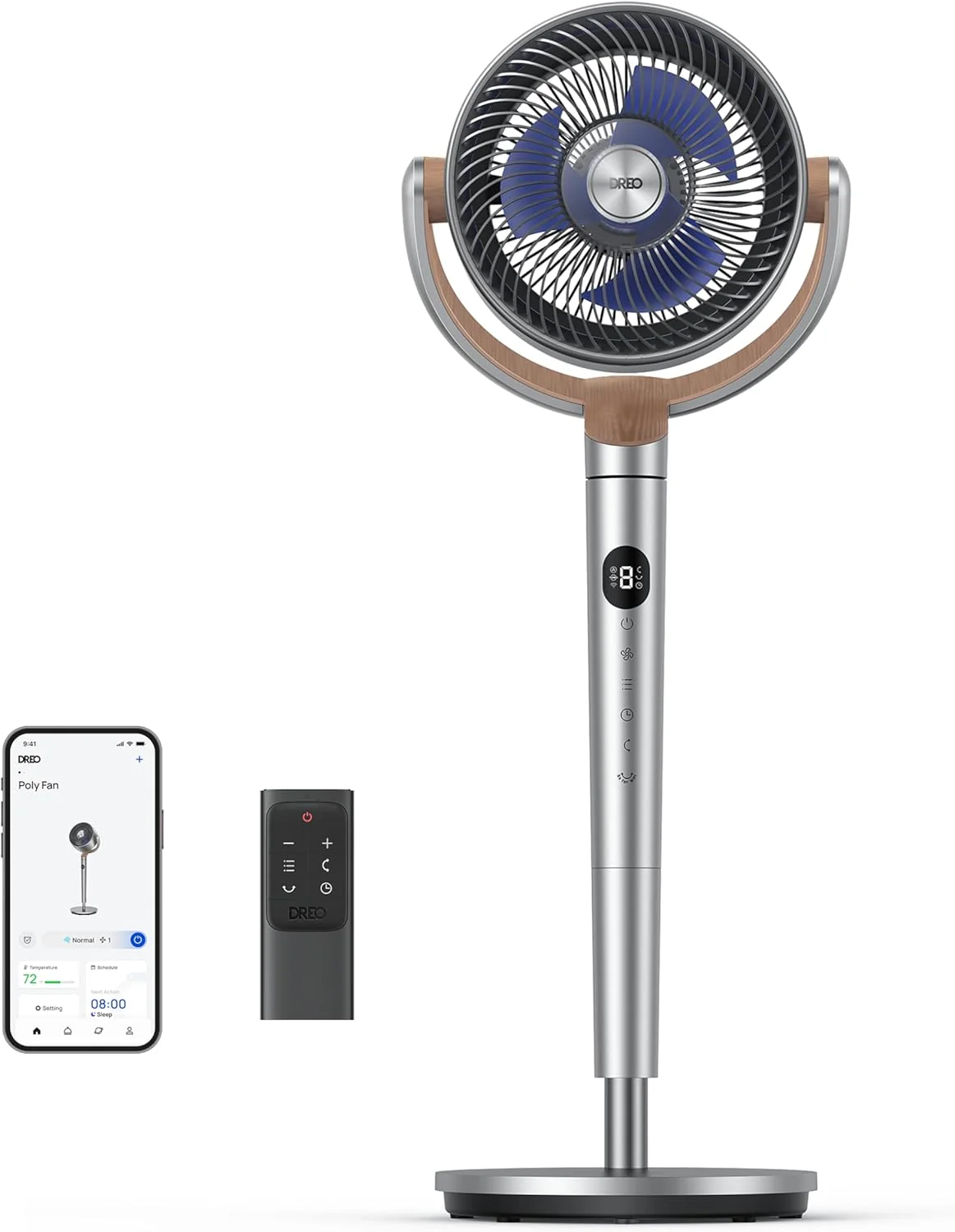 Dreo Ventilador de Pie 80° Ajustable, Oscilación 120°+120°, Control Remoto, Voz, WiFi, Alexa, 8 Velocidades, Plateado, Para Toda la Habitación