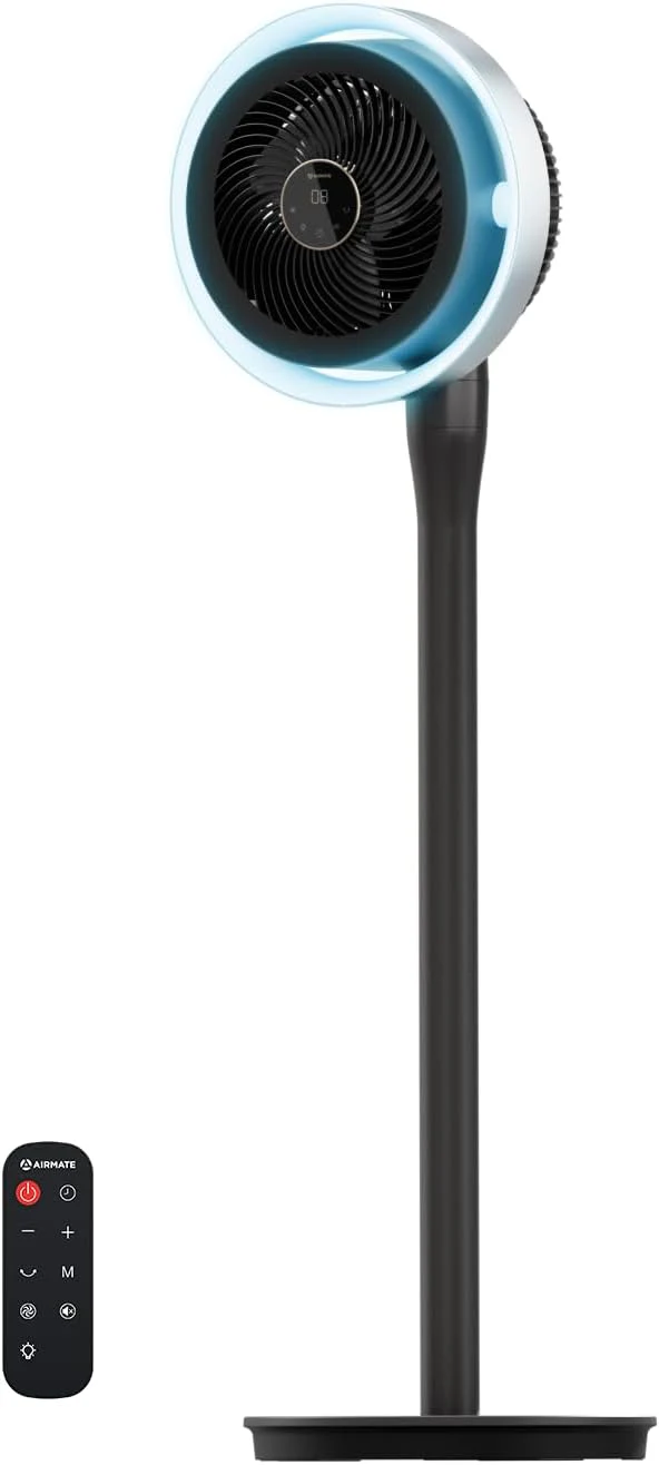 AIRMATE Ventilador de Pie Silencioso con Luz, Oscilante 120°/90°/60°, LED, 16 Velocidades, Timer 12H, Control Remoto, 30dB, 120cm, Hogar y Oficina