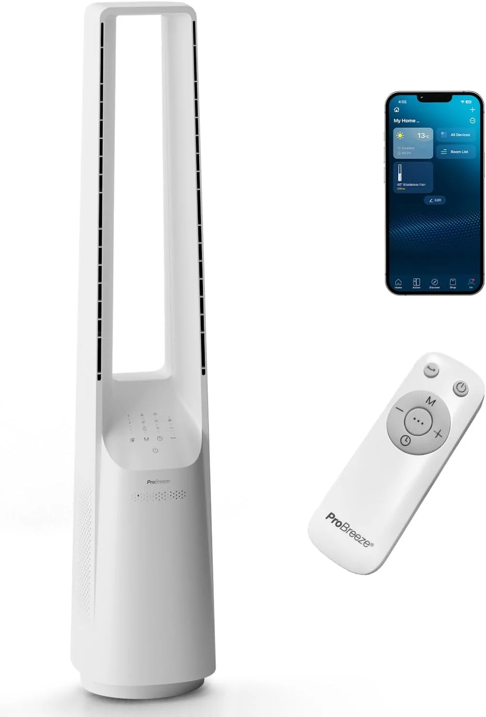 Pro Breeze OmniAir Ventilador Torre sin Aspas 105 cm con Filtro HEPA, Wi-Fi, 10 Velocidades, Mando, 5 Modos, Oscilante y Silencioso