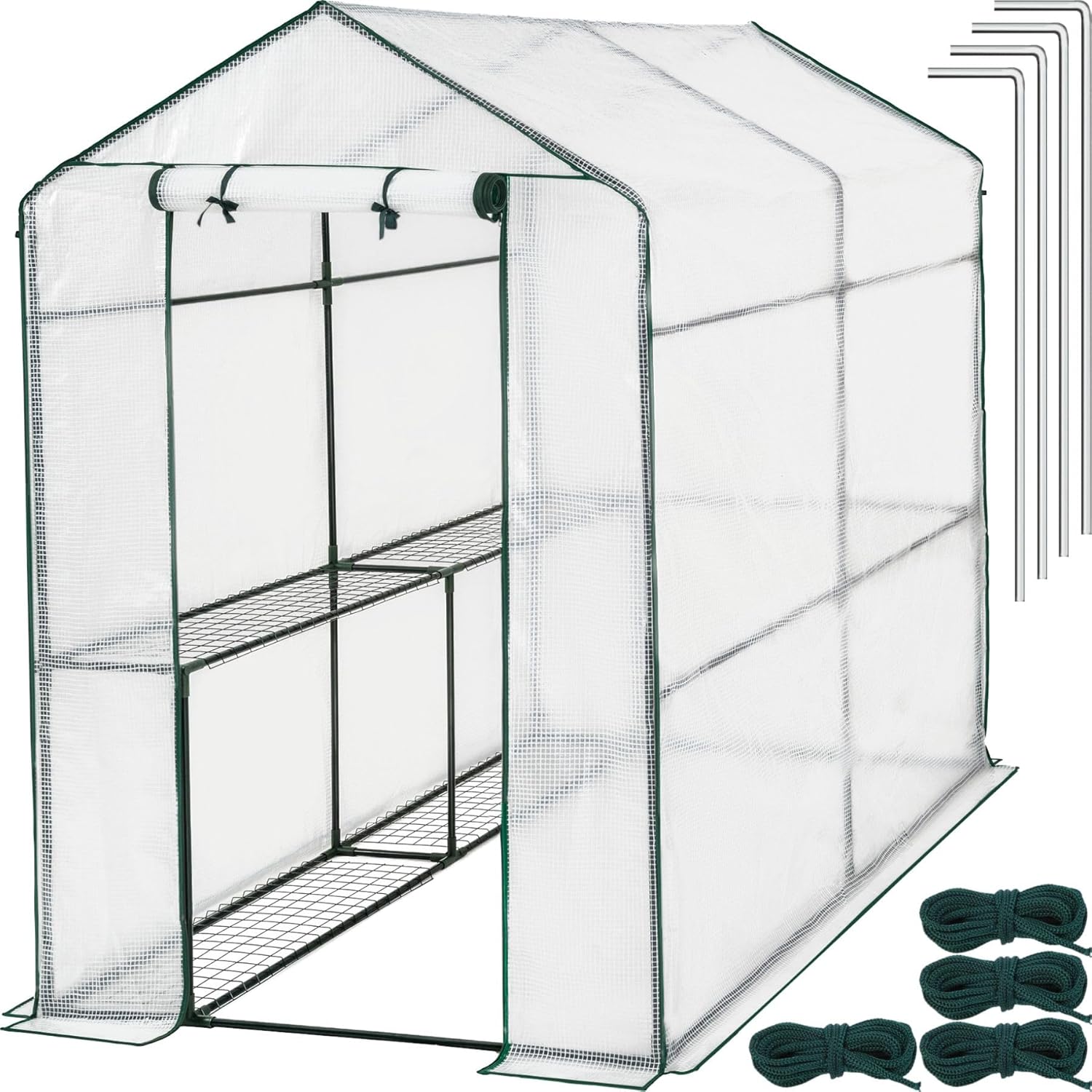 tectake® Outdoor Greenhouse with 16 Metal Shelves, PE Cover Against UVA, Greenhouse Terrace 143 x 143 x 195 cm, Outdoor Garden Shed with Roll Door, Ideal for Garden and Garden, Easy Assembly
