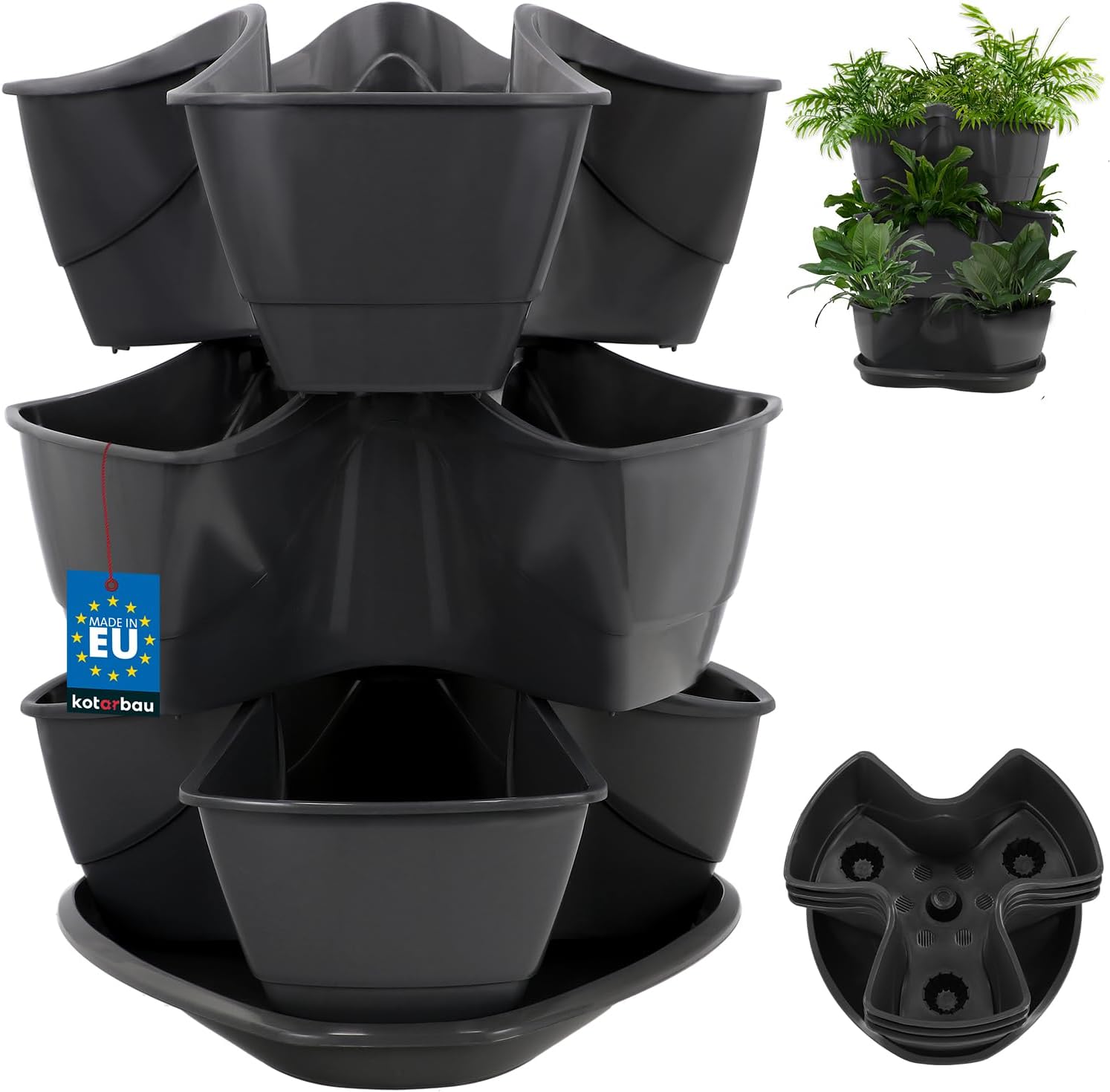 KOTARBAU® Stackable Vertical Planter, Planter for Vegetables, Herbs and Succulents 40x30cm, Indoor and Outdoor Modular Planting System, Plastic Modular Pots, Triple Pot Anthracite