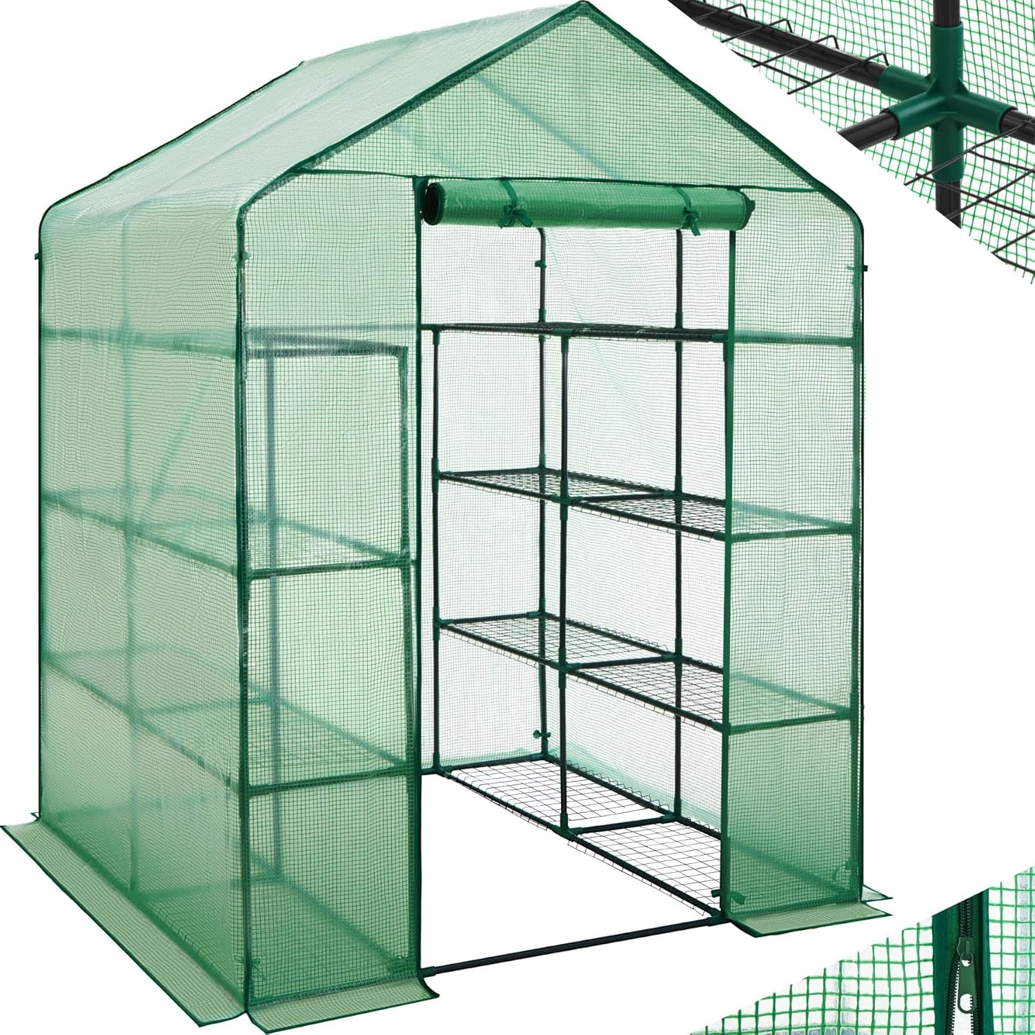 tectake® Outdoor Greenhouse with 16 Metal Shelves, PE Cover Against UVA, Greenhouse Terrace 143 x 143 x 195 cm, Outdoor Garden Shed with Roll Door, Ideal for Garden and Garden, Easy Assembly