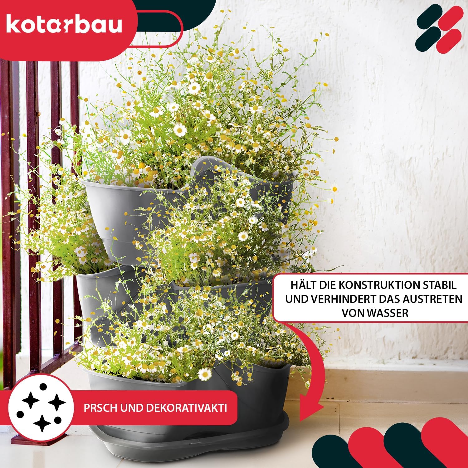 KOTARBAU® Stackable Vertical Planter, Planter for Vegetables, Herbs and Succulents 40x30cm, Indoor and Outdoor Modular Planting System, Plastic Modular Pots, Triple Pot Anthracite