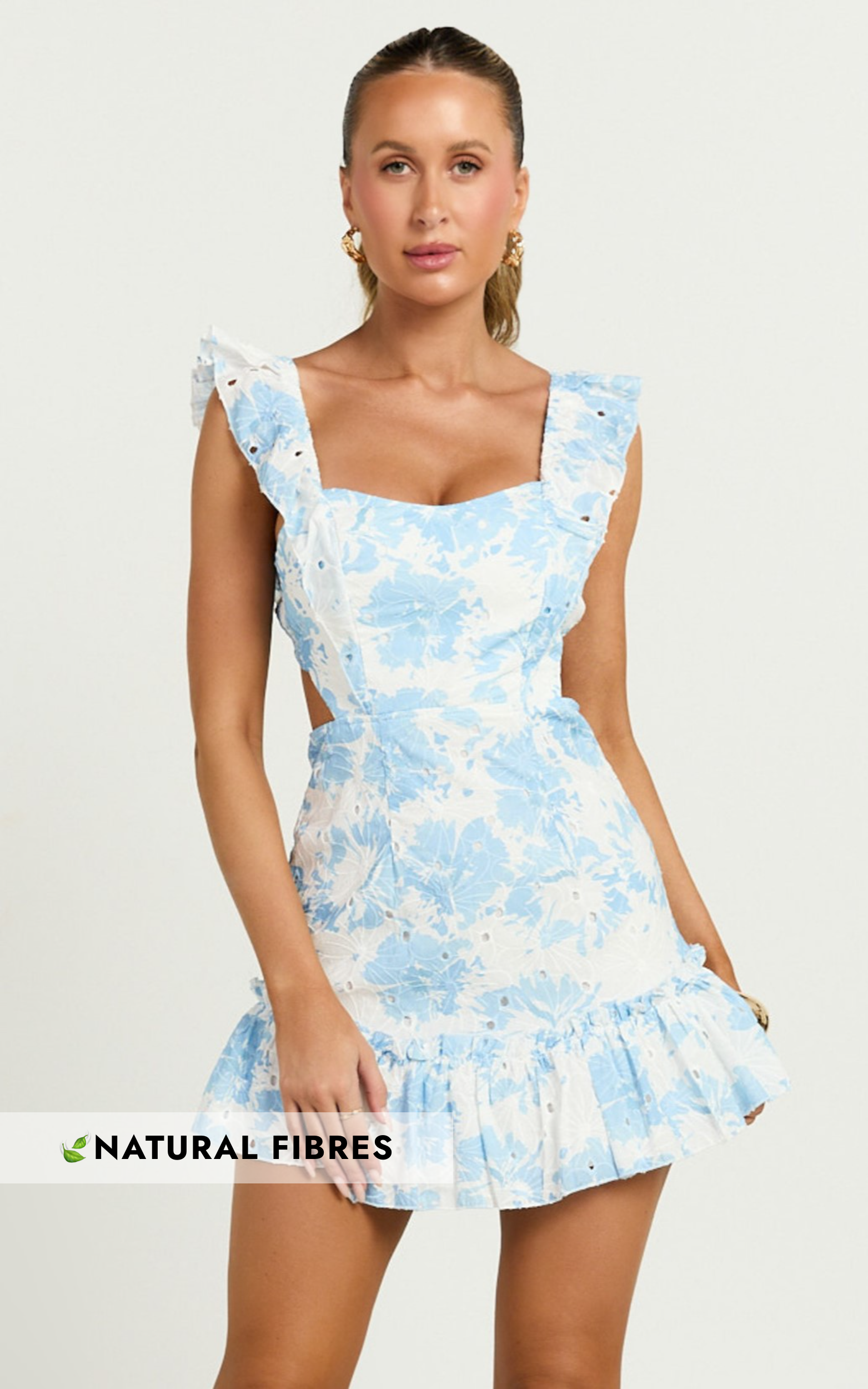 Anisha Mini Dress - Flutter Sleeve Straight Neck With Tie Back Dress in Blue Floral Print