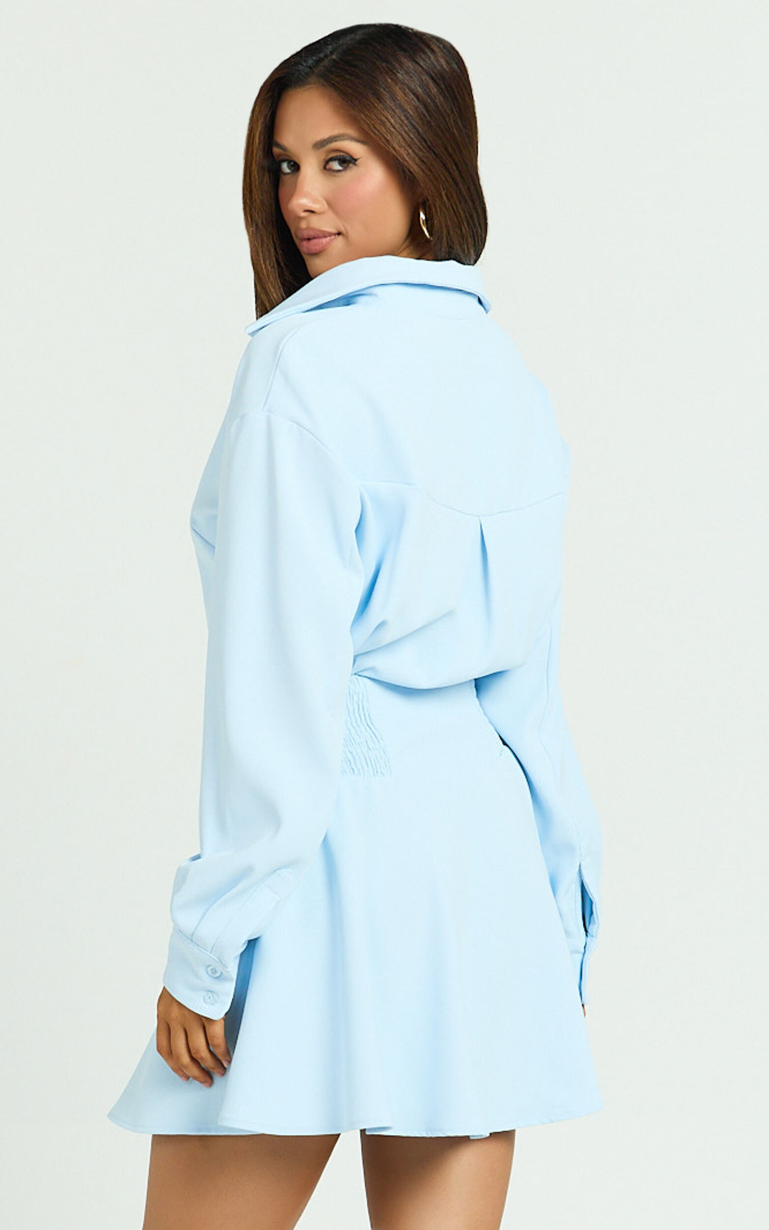 Raquel Mini Dress - Collared Long Sleeve Fit And Flare Shirt Dress in Cornflower Blue