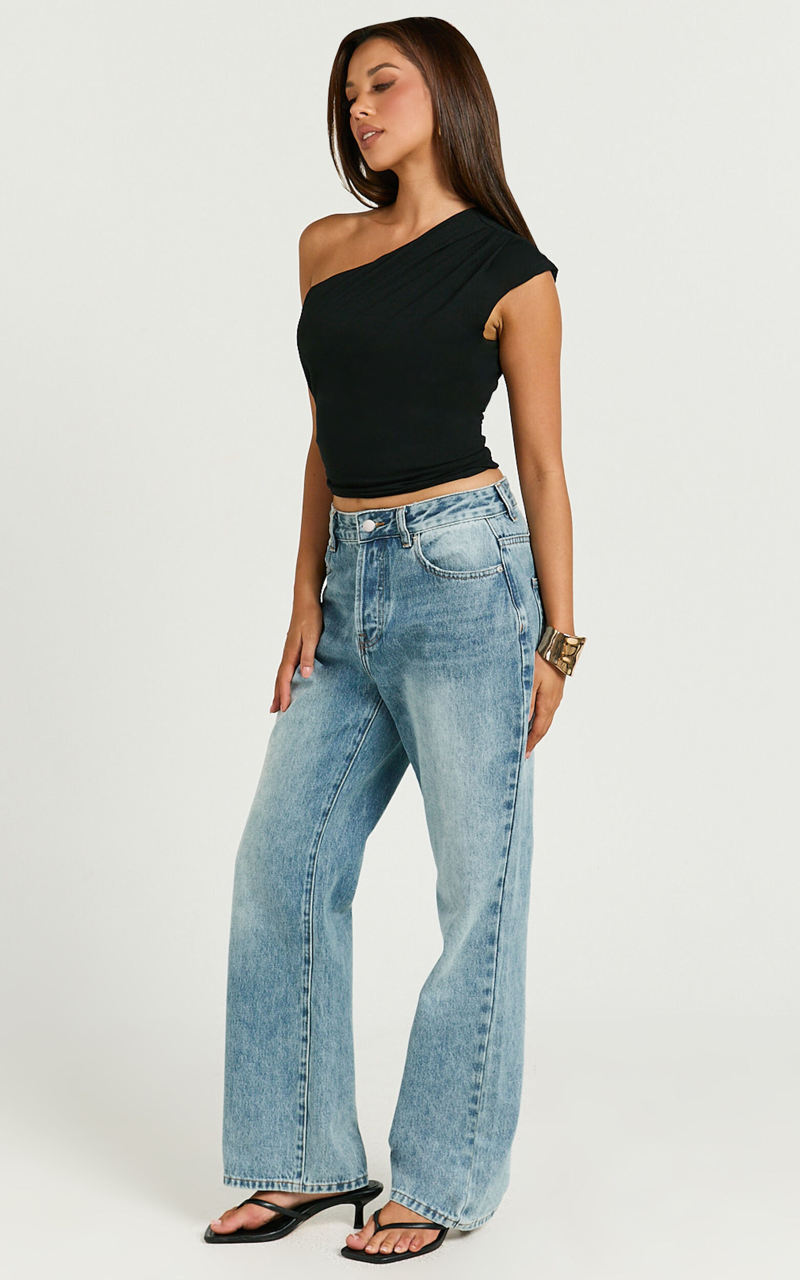 Renner Top - Gathered Extended One Shoulder Top in Black