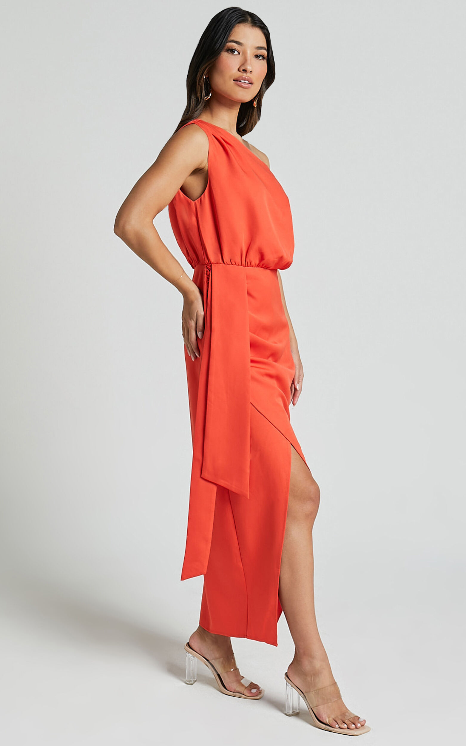 Zuri Midi Dress - One Shoulder Wrap Dress in Orange