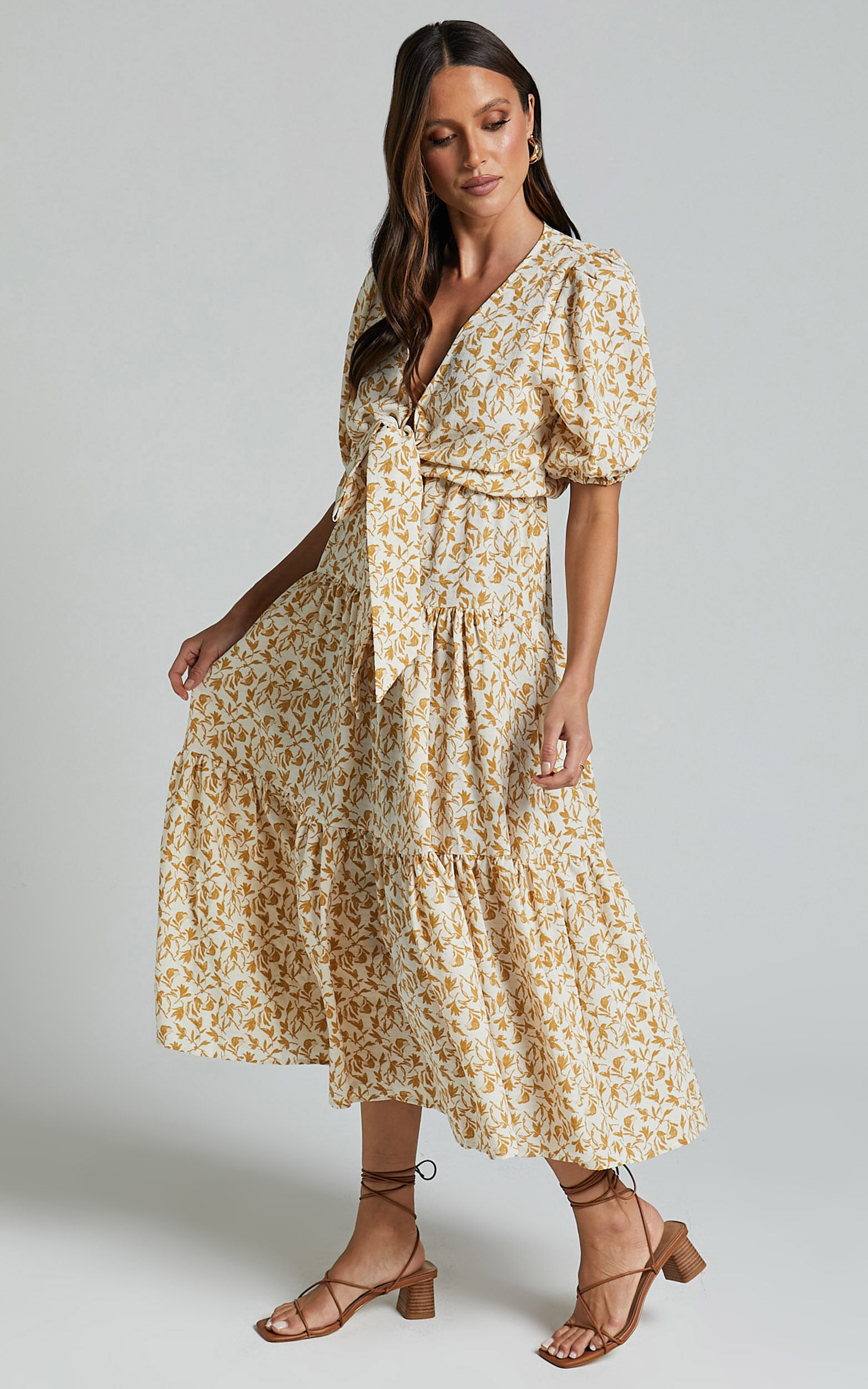 Alena Midi Dress - Short Puff Sleeve Tie Front Tiered Dress in Golden Floral
