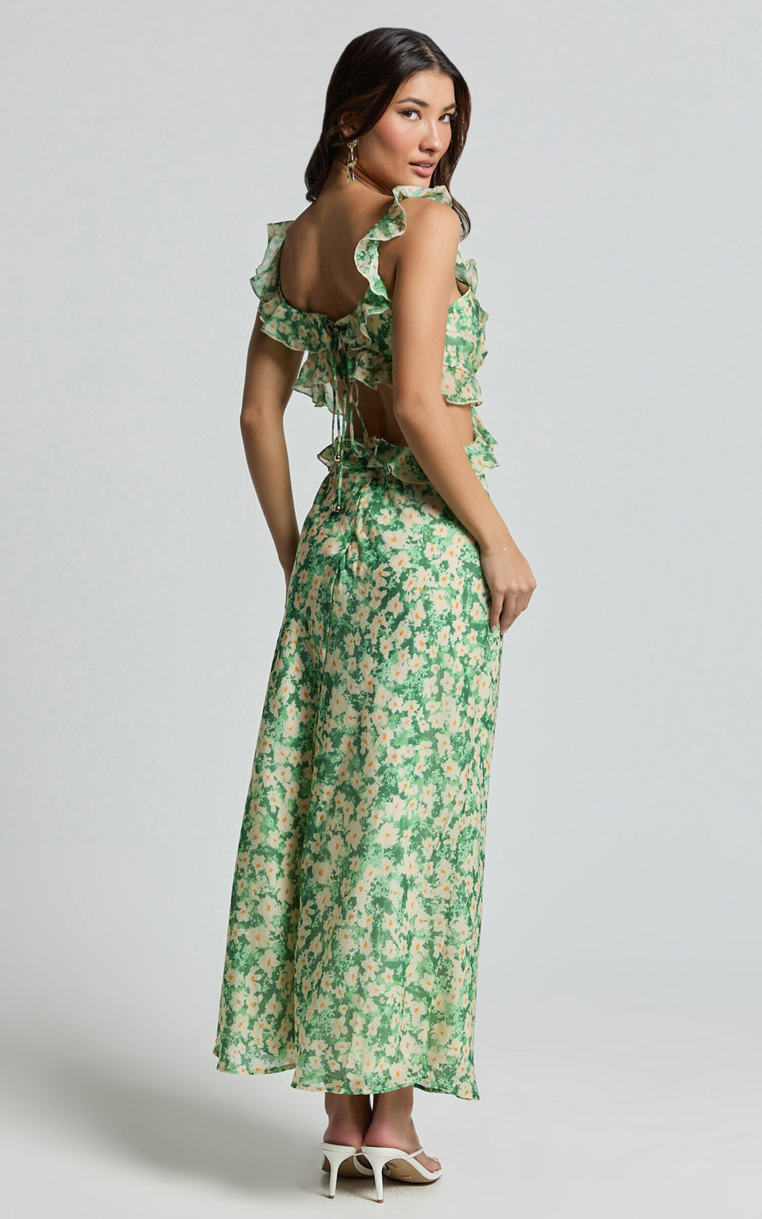 Dahlia Midi Dress - Ruffle Details Slip Dress in Green Floral