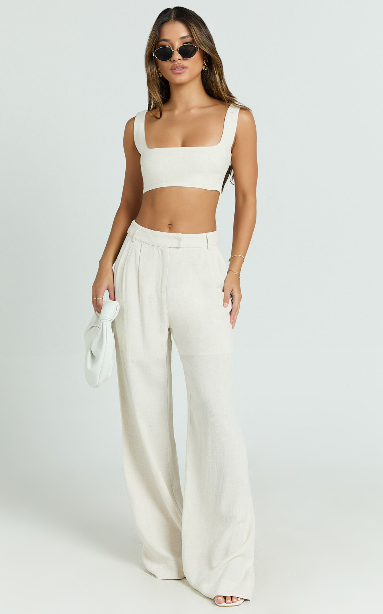 Gaia Two Piece Set - Linen Look Square Neck Crop Top and High Waist Pants Set in Stone