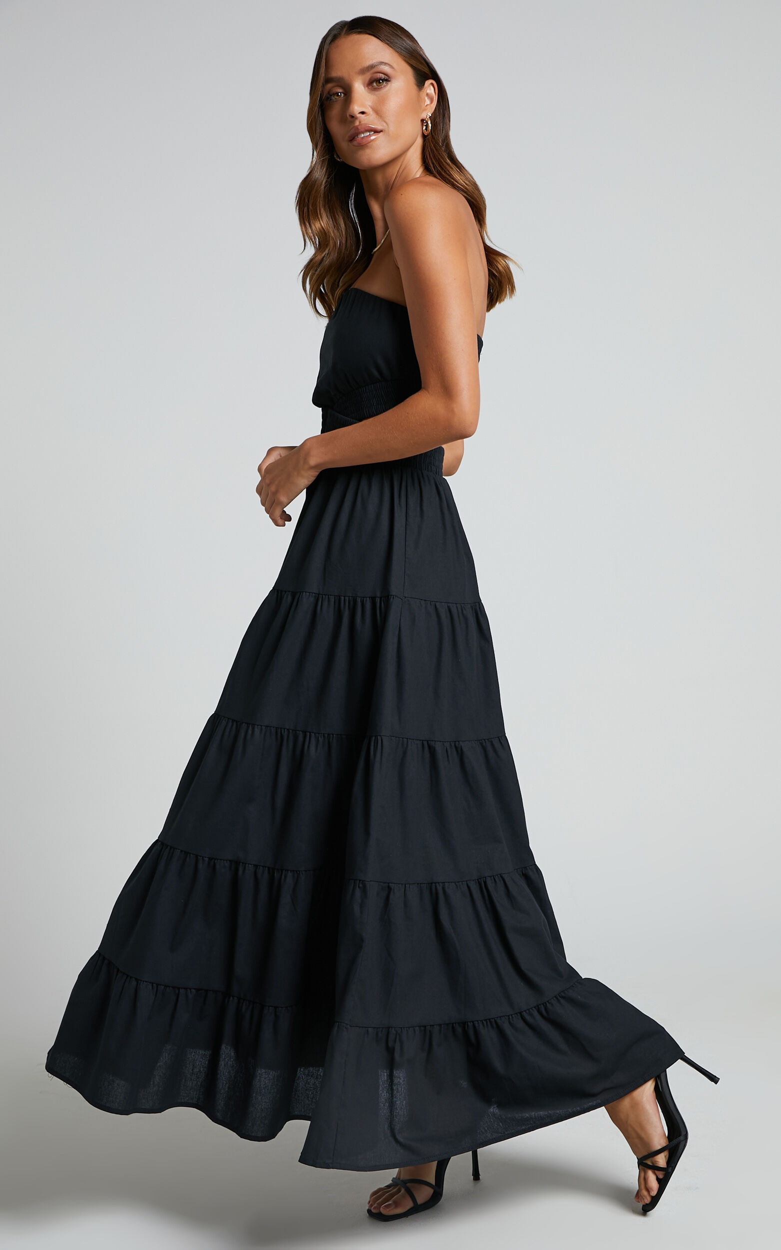 Xiomara Maxi Dress - Strapless Cut Out Tiered Dress in Black