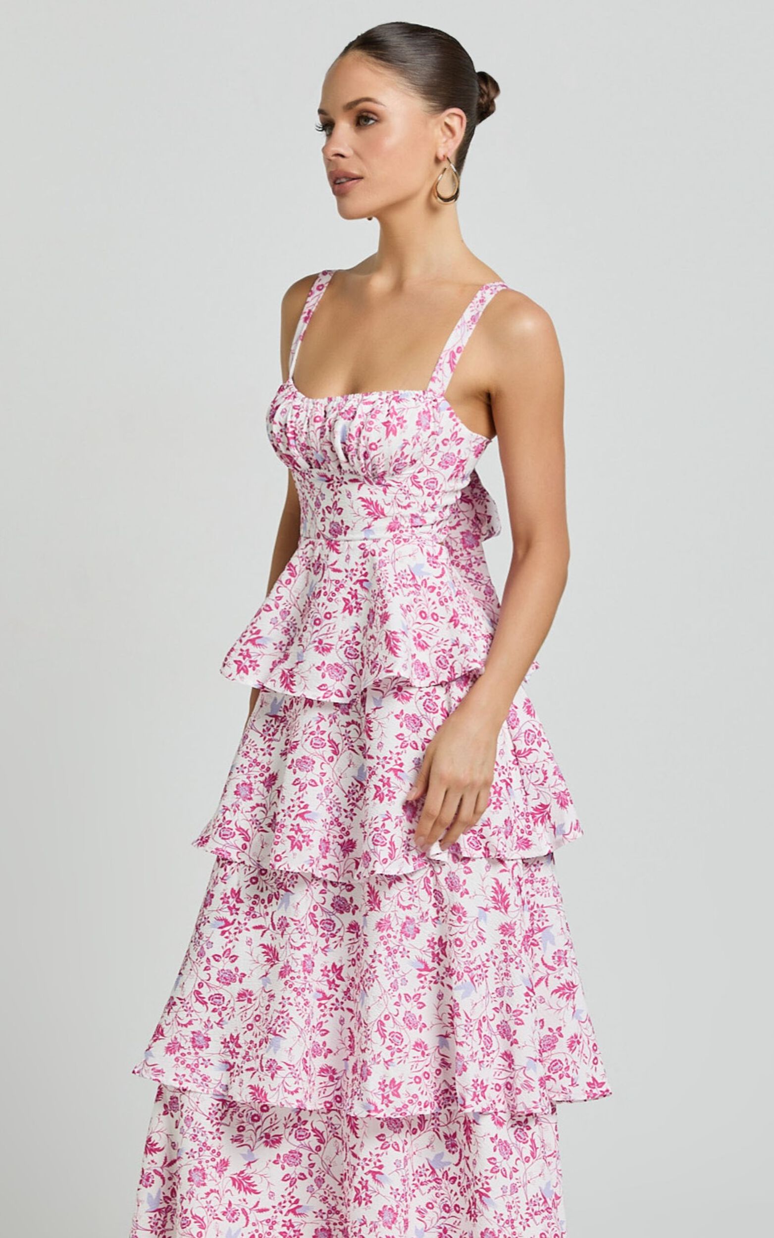 Lorma Midi Dress - Ruched Layered Dress in Pink Floral