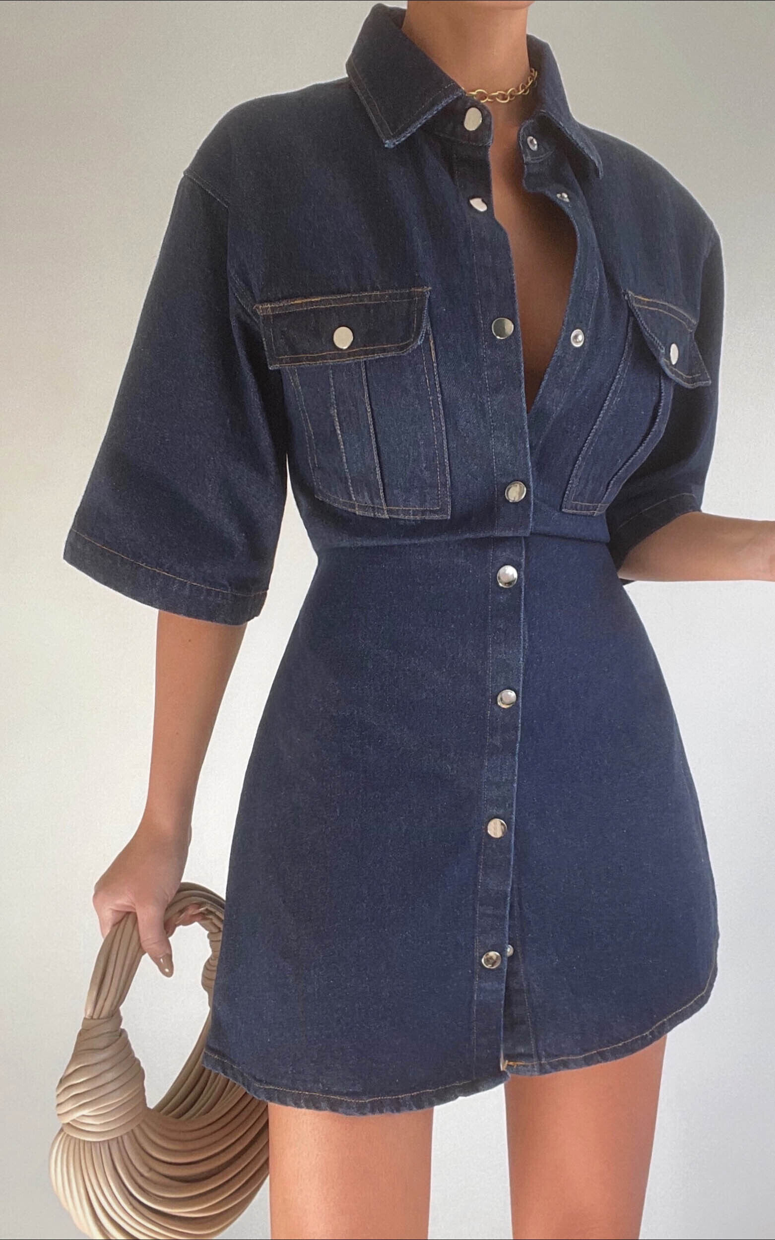 Leilani Mini Dress - Denim Short Sleeve Button Up Dress in Indigo Denim