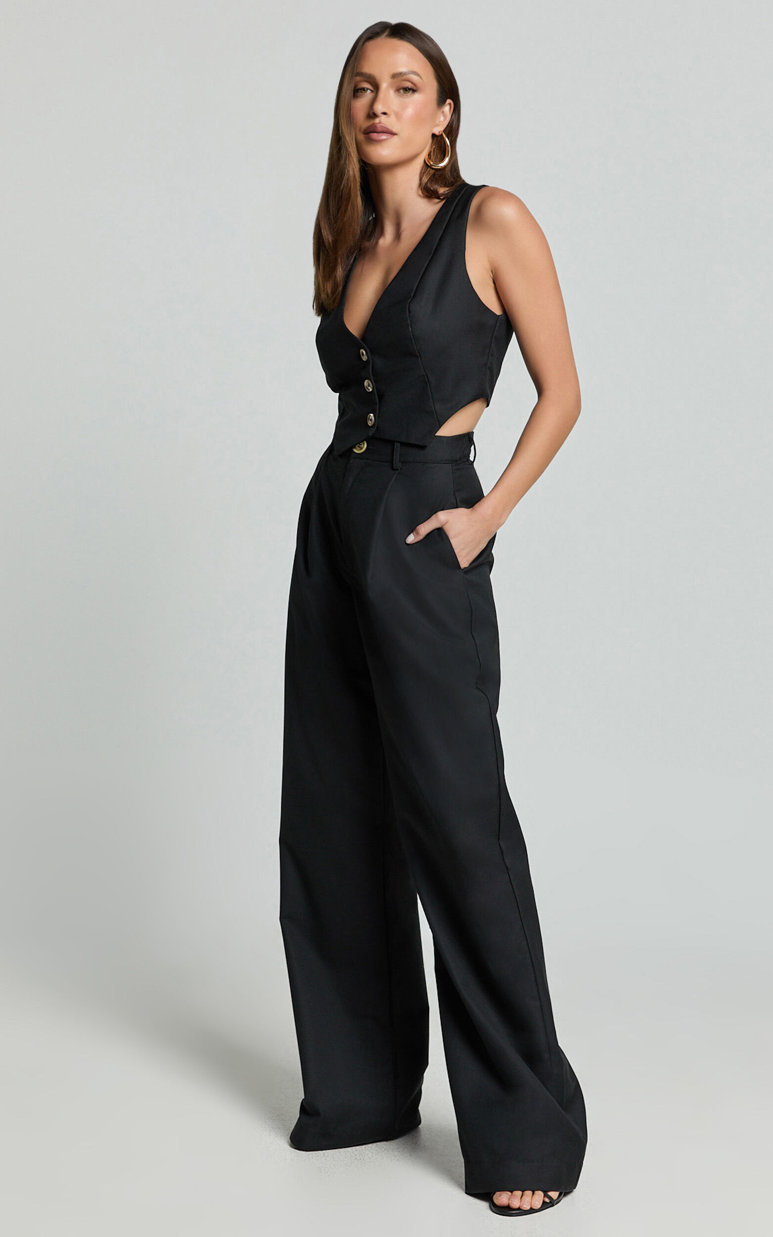 Izara Trousers - Mid Rise Relaxed Straight Leg Tailored Trousers in Black