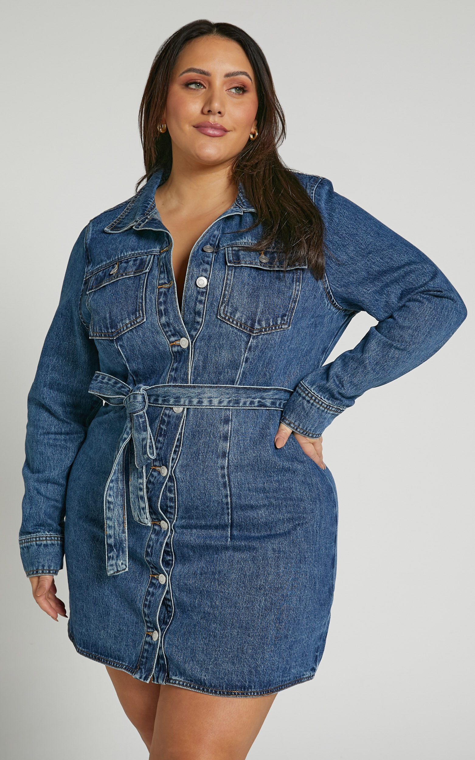 Enriquetta Mini Dress - Cotton Denim Long Sleeve Button Up Dress in Blue