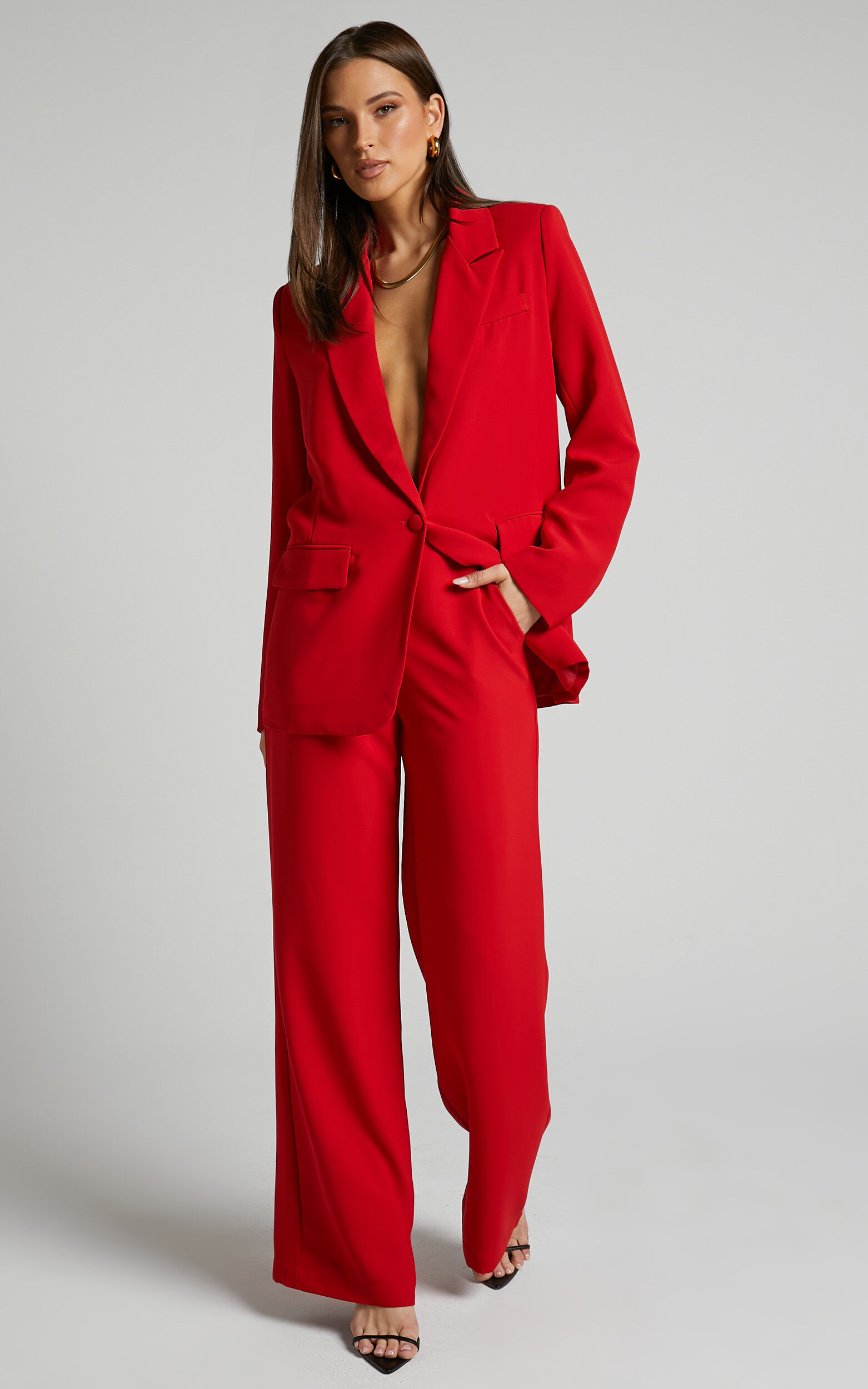 Michelle Blazer - Oversized Plunge Neck Button Up Blazer in Red