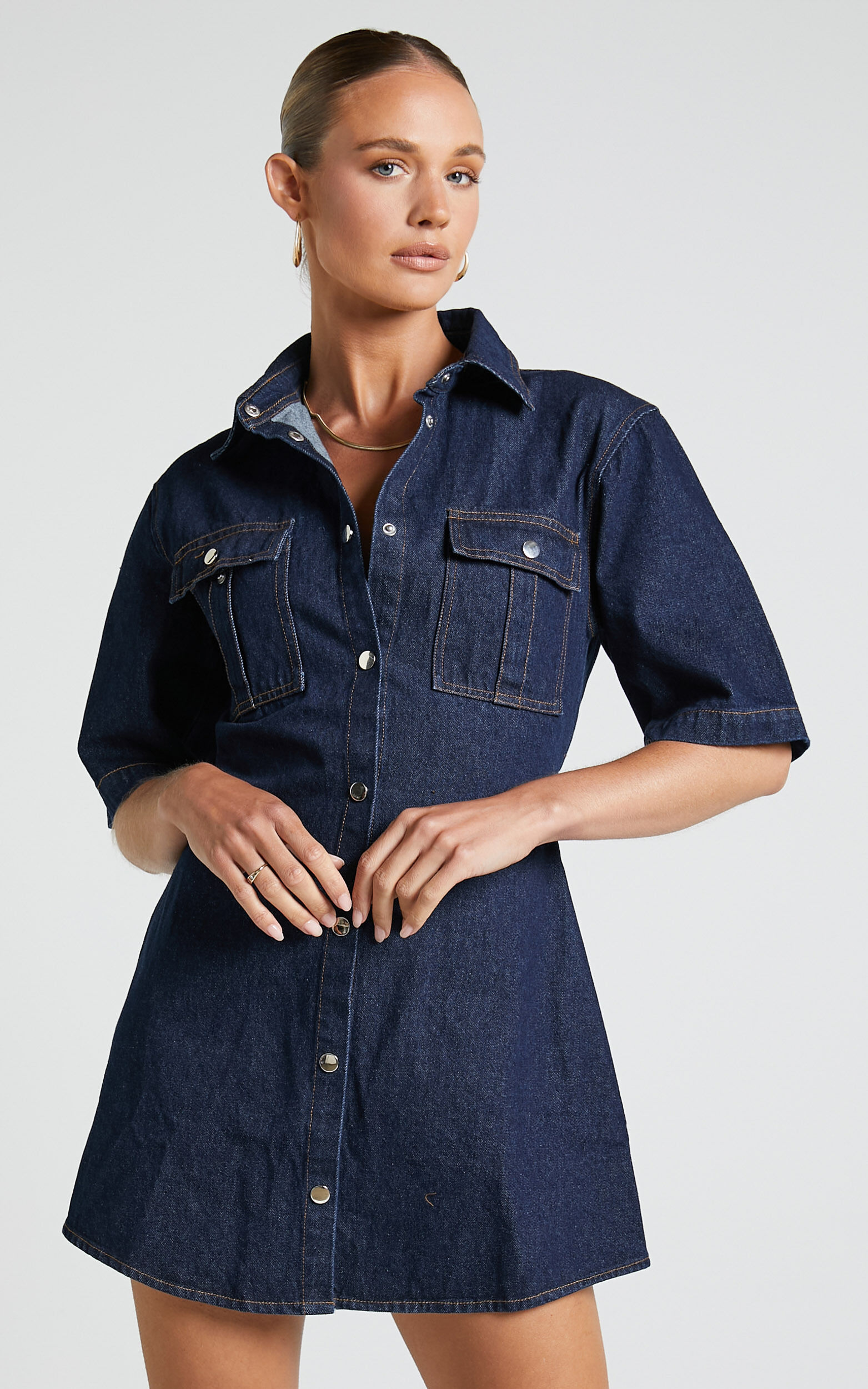 Leilani Mini Dress - Denim Short Sleeve Button Up Dress in Indigo Denim