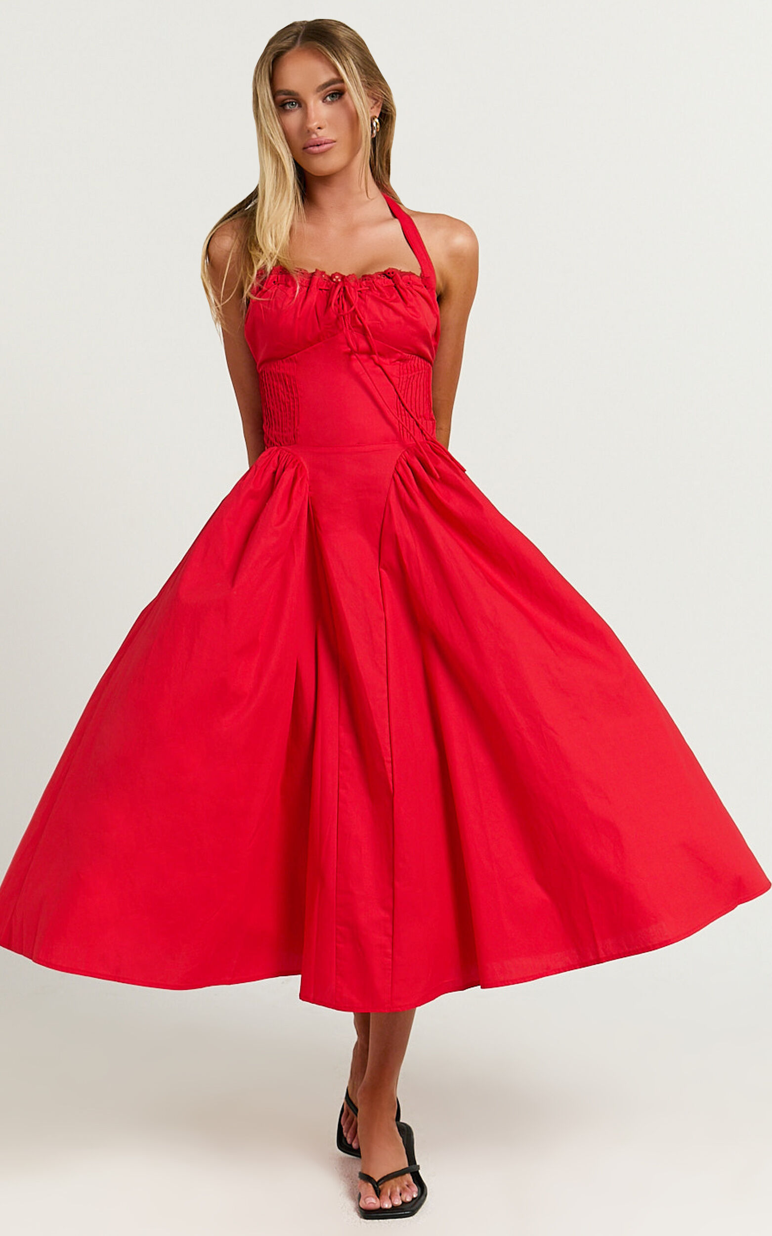 Marikris Midi Dress - Ruched Bust Halter Neck Dress in Red
